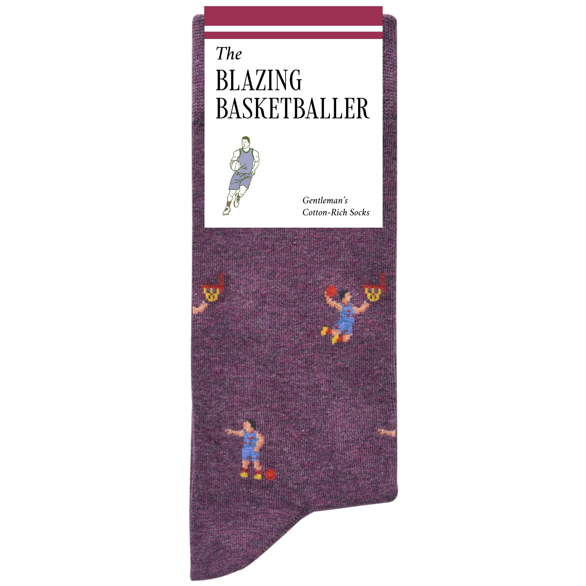 The Blazing Basketballer Socks – Basket Ball Gifts for Men – Perfect Basketball Themed Gifts – 1 x Pair, Size UK 7-12, Purple – Funny Basketball Gifts for Teen, Boys, Players