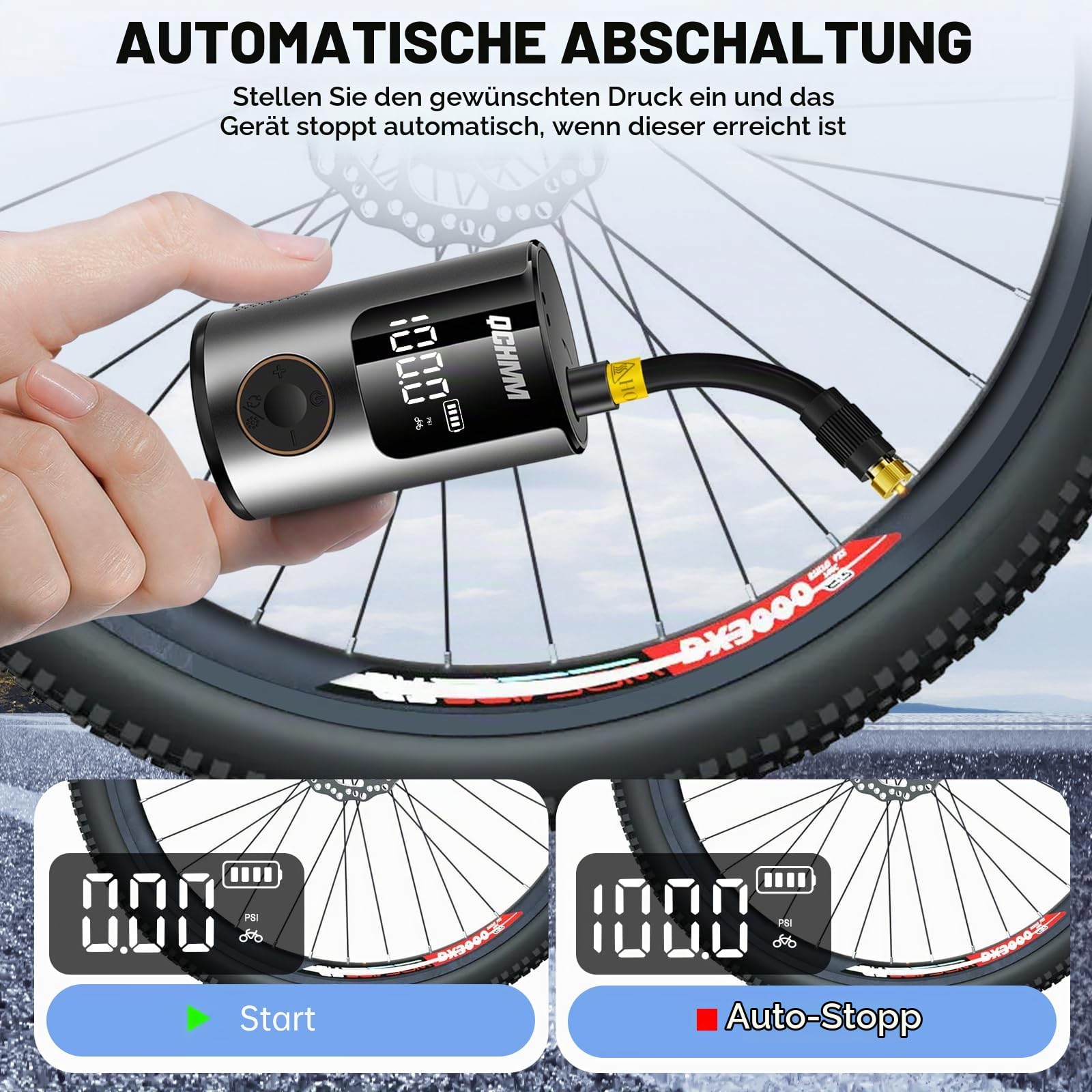Fahrradpumpe, Mini Elektrische Luftpumpe Fahrrad mit Manometer | Bike Pump für Schrader- und Presta Ventil, 120PSI Akku Luftpumpe für Rennrad, Mountainbikes, Stadträder und E-Bikes