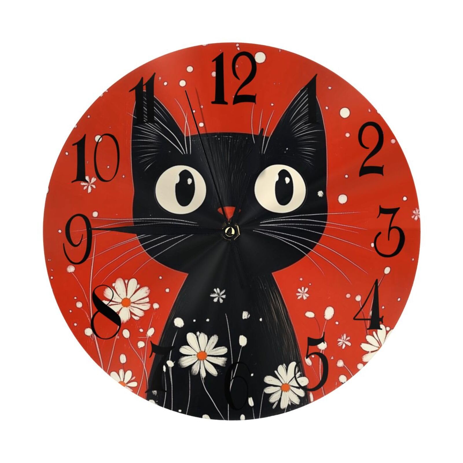 Helhappy Wall Clock 10 Inch, Silent Non-Ticking Battery Operated, Christmas Black Cat Red Flowers Snow PVC Wall Clocks for Home Living Room Office School Kitchen Bedroom