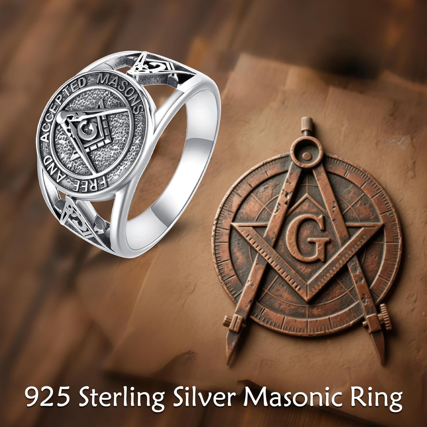 URONE Masonic Ring 925 Sterling Silver Free and Accepted Masons Ring Freemason Compass Symbol Jewelry Gifts for Men Women - Image 6