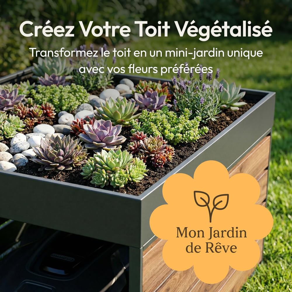 CASABEL Abri Robot Tondeuse en Acier Galvanisé, Toit Bac à Plantes | Protection contre les intempéries, Acier galvanisé robuste, Bac à plantes intégré, Abri universel, Effet bois, Montage facile