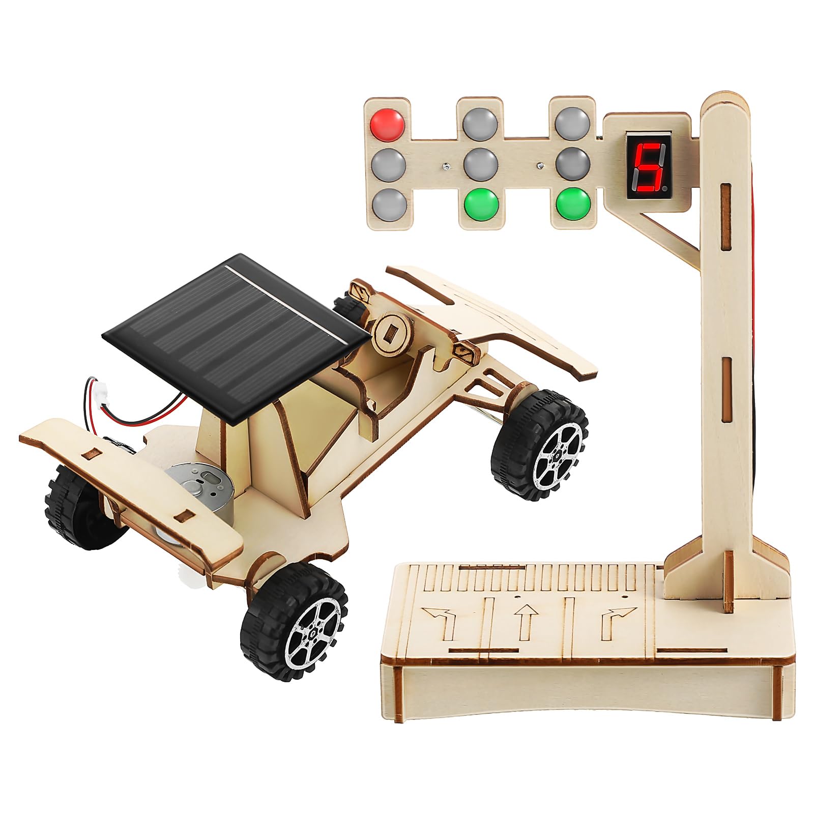 Electic Car STEM Science Toy Set: 3D Wooden Puzzle Solar Car Model and Traffic Light Science Project Educational Solar Power Experiment for Boys Girls