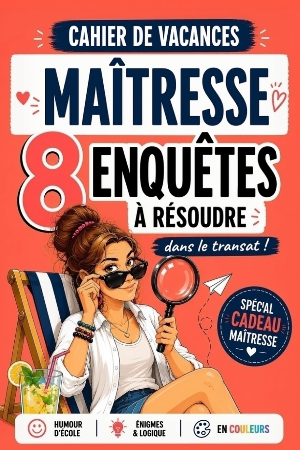 Cahier de Vacances Maîtresse : 8 Enquêtes à Résoudre dans le Transat: Cadeau Maîtresse d'École Original Fin d'Année - Humour, Énigmes & Jeux 100% en Couleurs