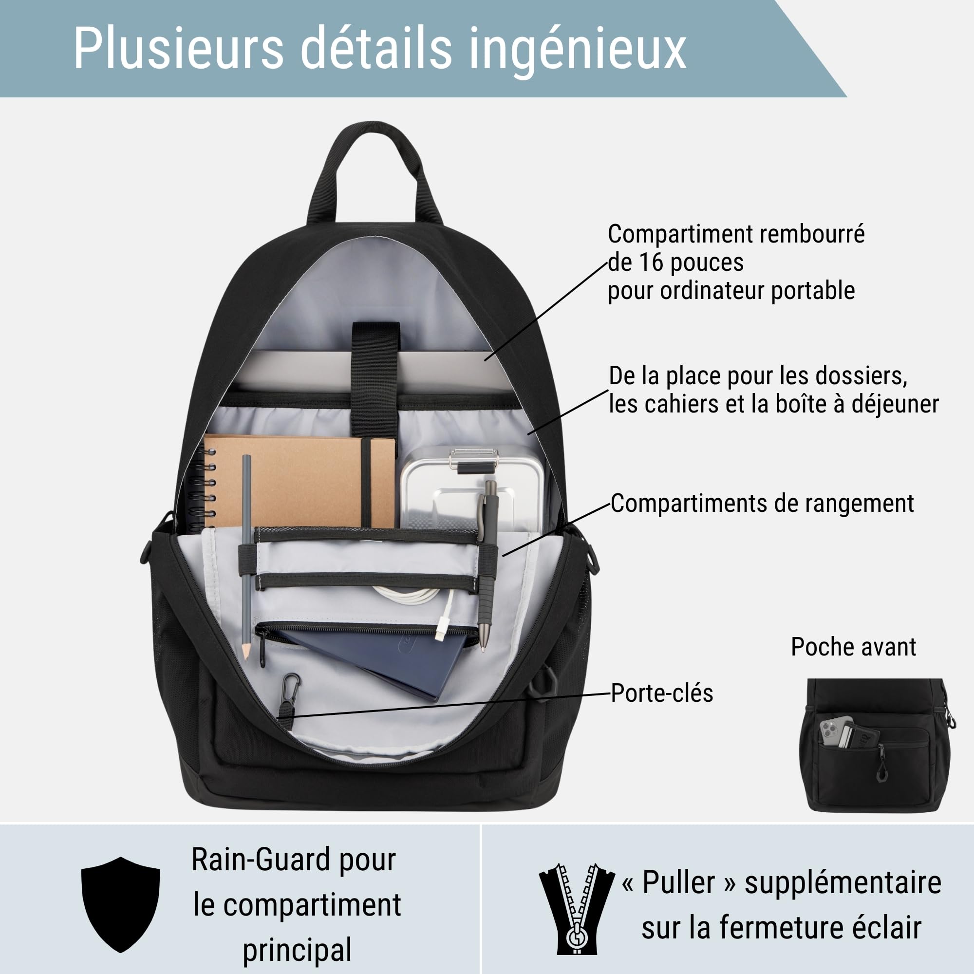 AUDETIC Sac à dos Femme & Homme Noir - Flex - Cartable Fille, Garcon, Ados pour College, Lycee et l'Ecole - Compartiment Ordinateuer Portable - Imperméable