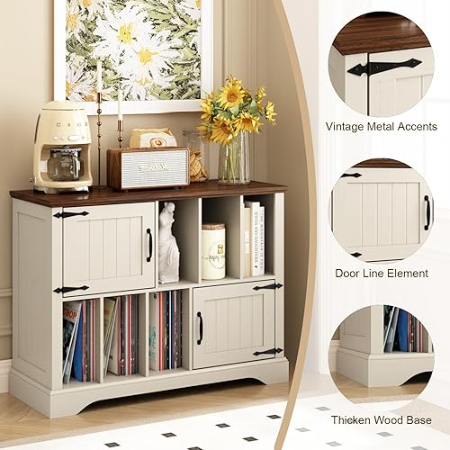 Miniatura 5 de Soporte grande para tocadiscos con almacenamiento de vinilo, soporte giratorio de 39.5 pulgadas, armario de almacenamiento de madera con puertas