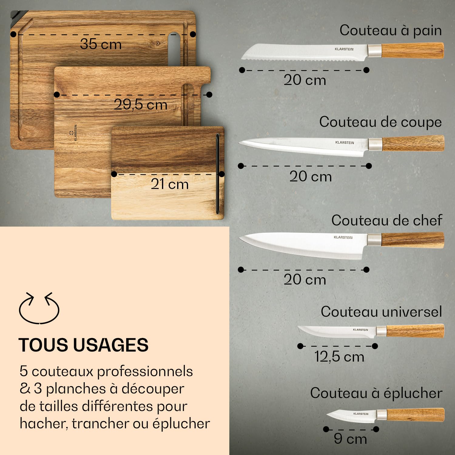 Zelite Couteau Cuisine, Ensemble de Couteau de Cuisine Professionnel avec Bloc, Set de 8 Couteaux de Support en Bois d'Acacia, Acier Inoxydable, Résistant Rayures, Ustensiles Blocs Couteaux