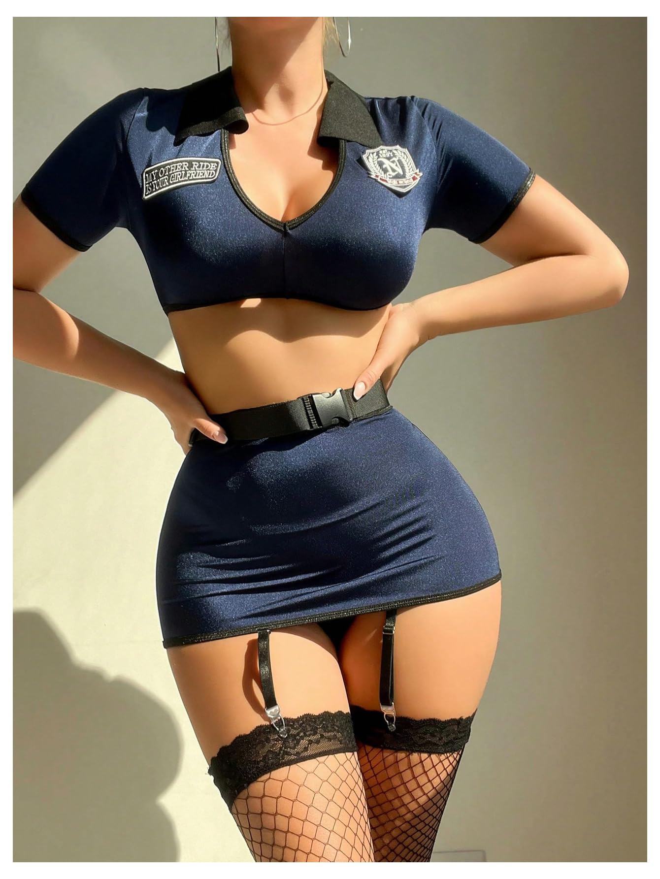 RoseSeek Women's 6 Piece Role Playing Costume Sets V Neck Collared Garter Lingerie Outfits Nightwear: Small Deep Blue