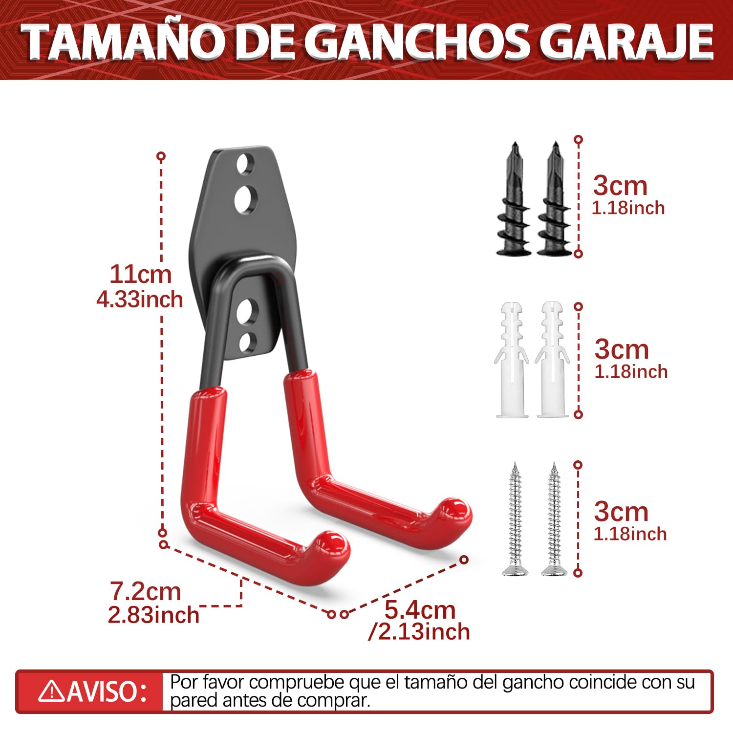 3-H Ganchos de Garaje Resistentes, Paquete de 8 Ganchos de Almacenamiento de Garaje de Acero, Soporte de Pared y Organizador de Herramientas, Cuerdas, Cables(Rojo) — view 2