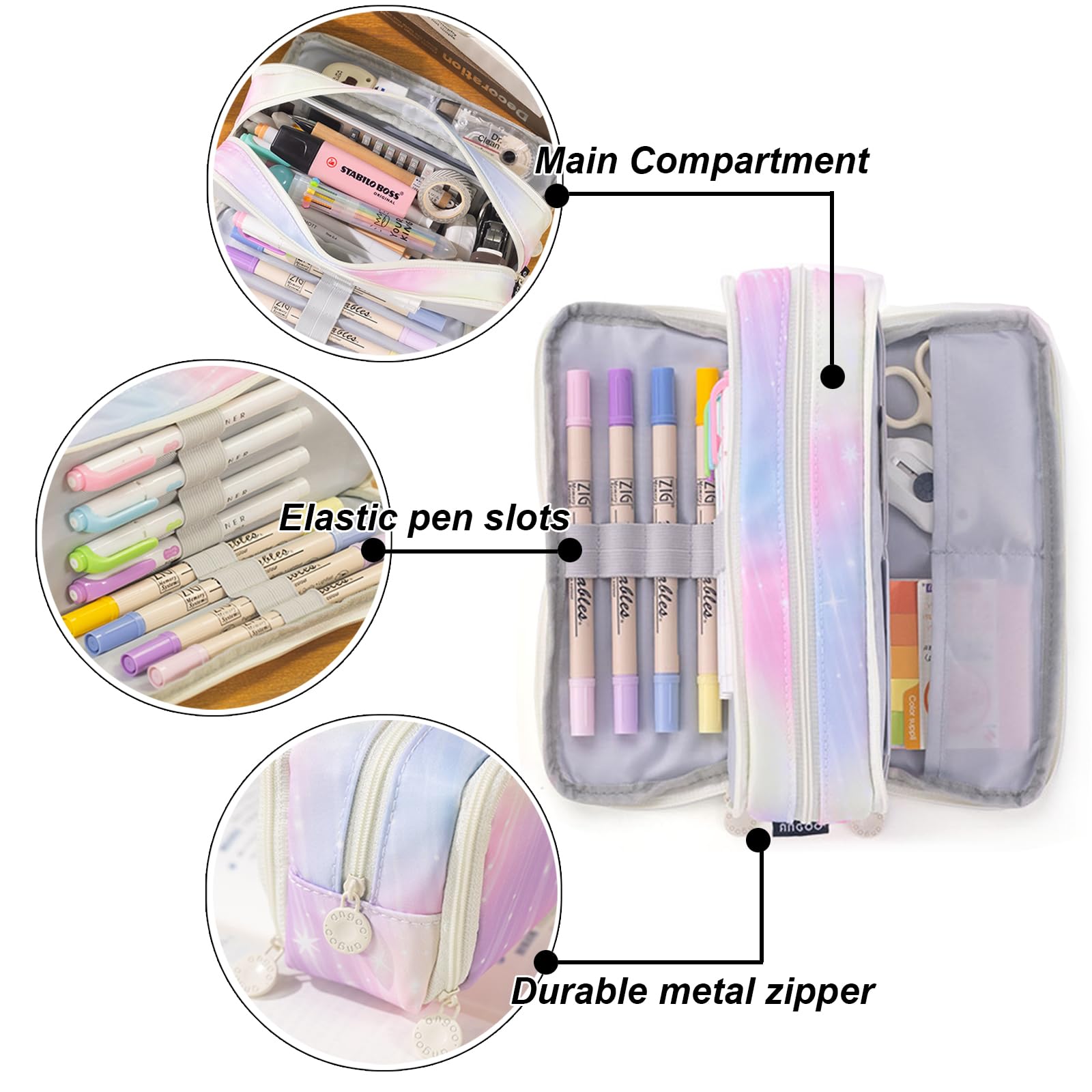 X SIM FITNESSX Pencil Case for Teens Girls 3 Compartments Large Capacity Pencil Case for School and Office (Shooting Star Pink) - Image 4