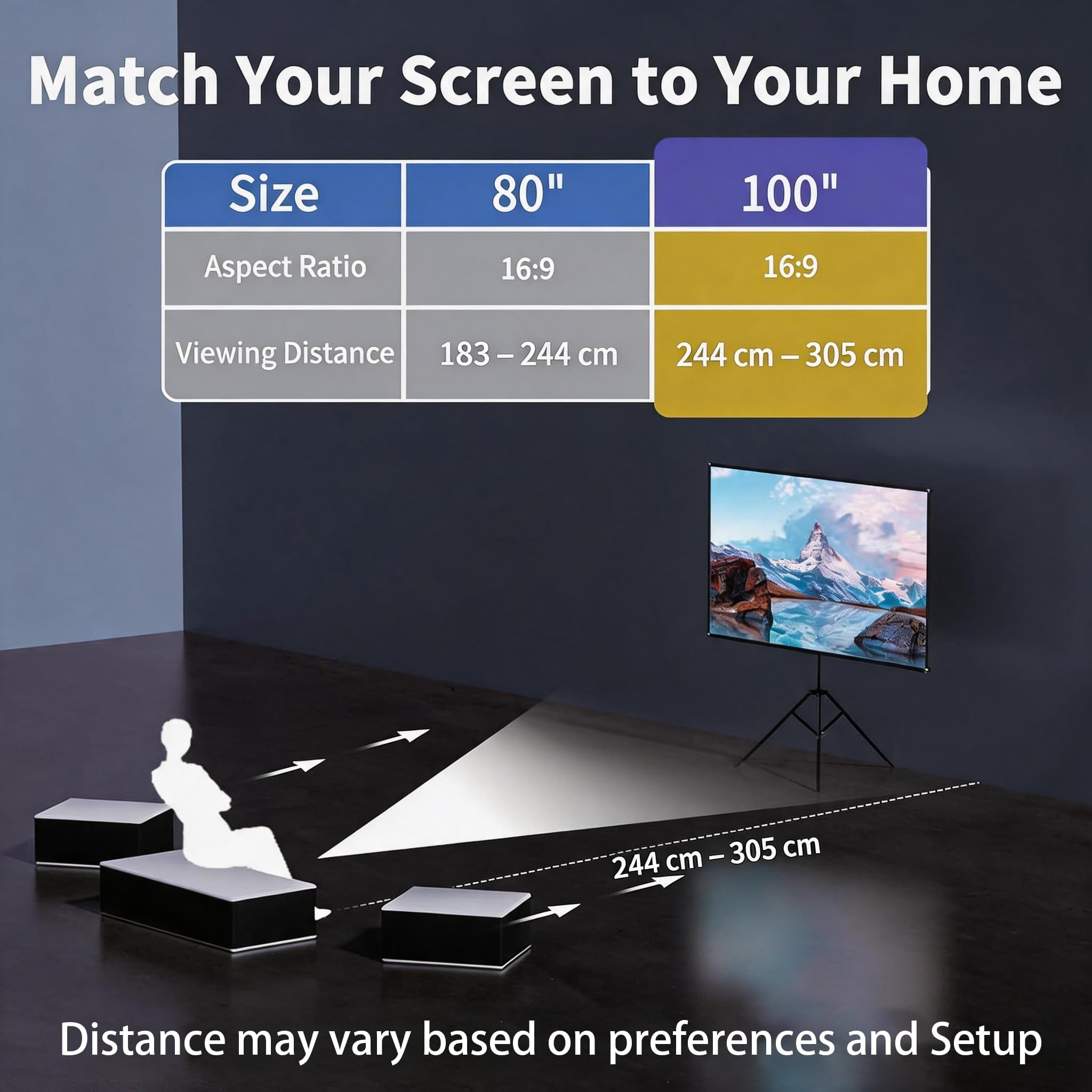 WASJOYE 100 Zoll Beamer Leinwand mit Stativ,16:9 4K HD Beamer Leinwand Outdoor,Windresistentes Design für Projektionsleinwand,inkl.Heringen Seilen,für Home Party, und innen/außen Filme,222 * 125cm
