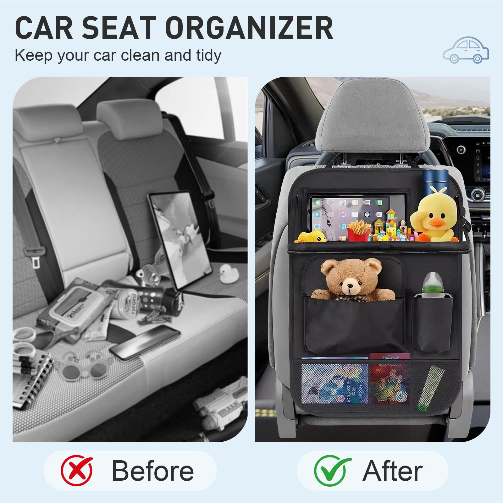2 Piezas Organizador Coche Niños, Organizador Asiento Coche con Mesa Plegable y Funda para Tablet Oxford Protector Asiento Coche Impermeable para Viajes Familiares y Almacenamiento Juguetes
