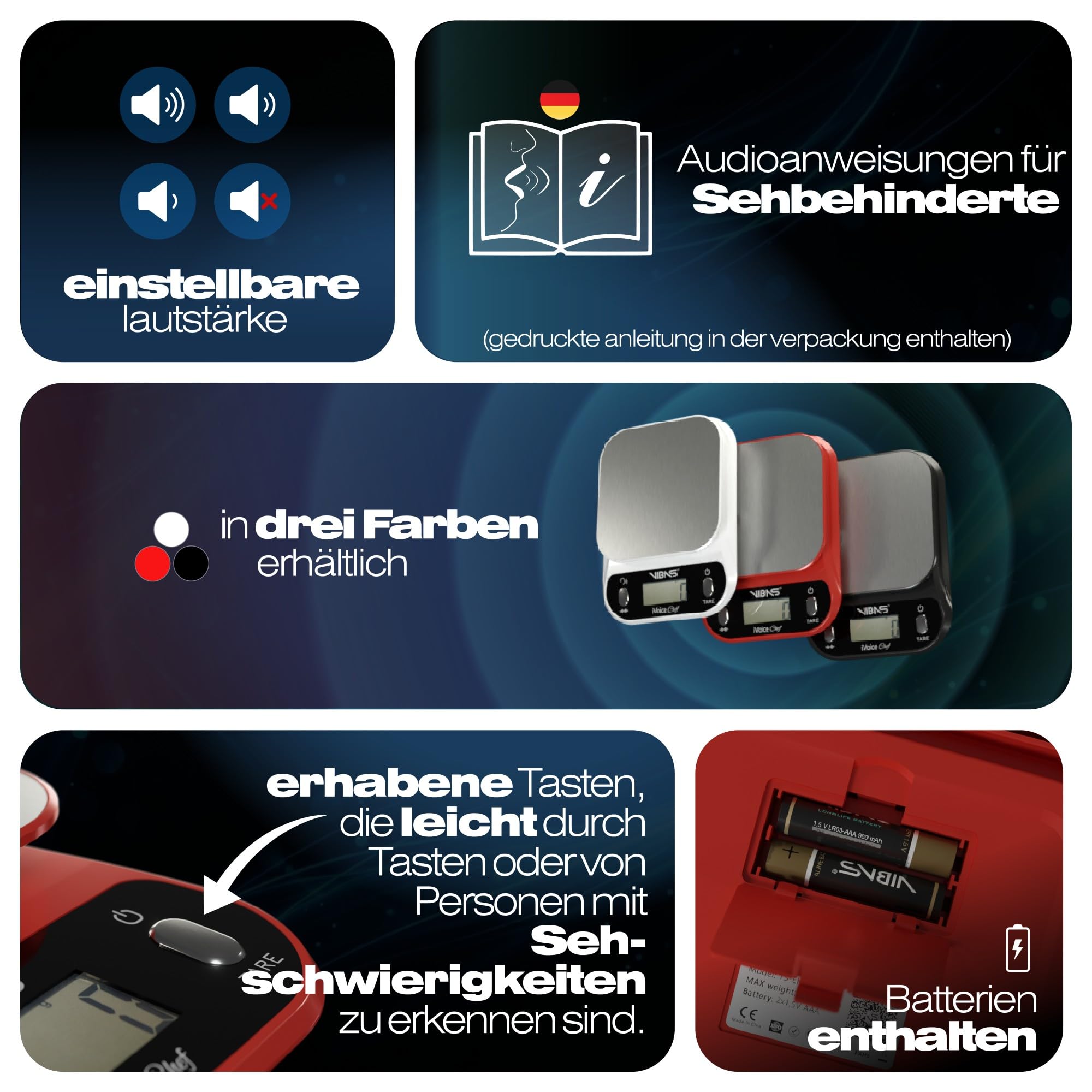 Sprechende Küchenwaage VIBAS iVoice Chef mit Schüssel, für Sehbehinderte und Senioren, 5 Sprachen, akustische Signale, Gewichtswiederholung, einstellbare Lautstärke, 10 kg, Batterien inklusive