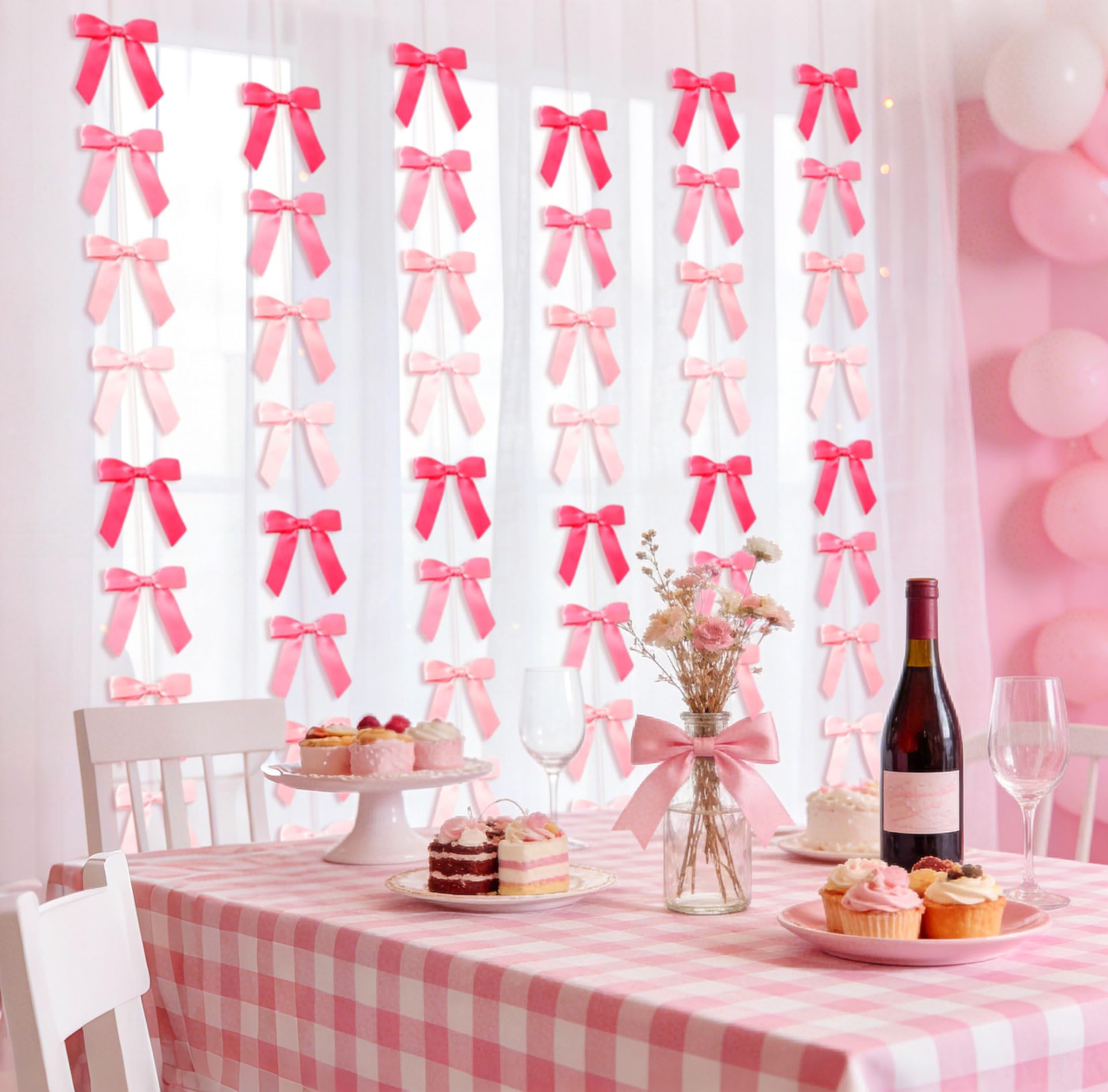 6 PCS Pink Bow Garland Banner Coquette Ribbon Party Decorations for Birthday Bridal Shower Wedding Engagement Baby Shower Supplies