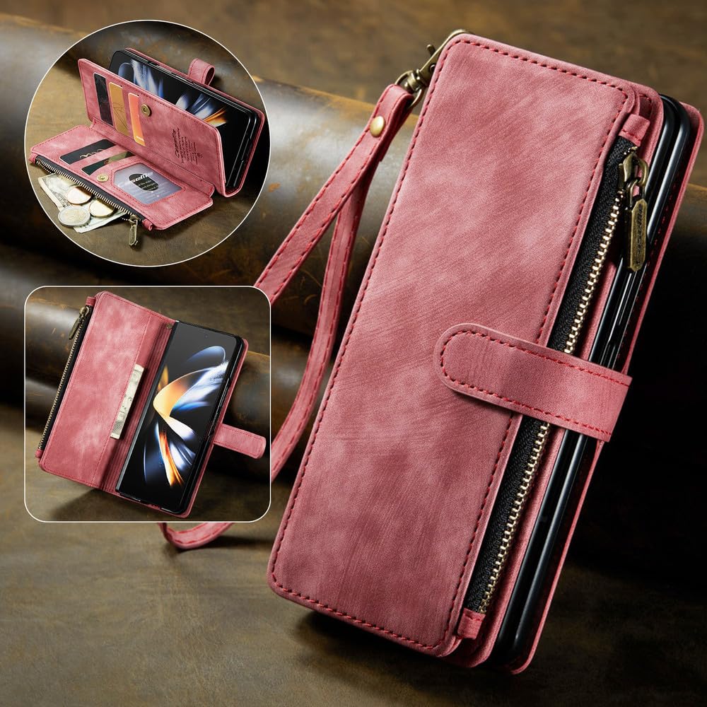 Funda Tipo Billetera de Cuero con Cremallera para Samsung Galaxy Z Fold 5 4 3 5G Funda Tipo Monedero con Ranuras para Tarjetas para Z Fold5 Fold4 Fold3, Rojo, para Z Fold4