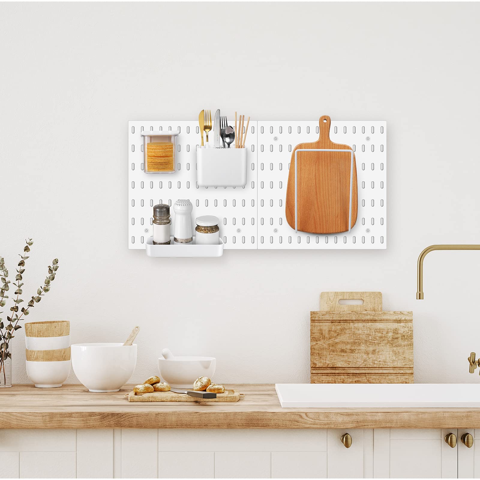 17 Pcs 33 x 22" Pegboard Combination Kit and 16 Peg Board Accessories (Shelf Storage Bins Hook Brackets Clips) Pegboard Wall Mount for Kitchen Bathroom Living Room Office Wall Organize Storage (White)