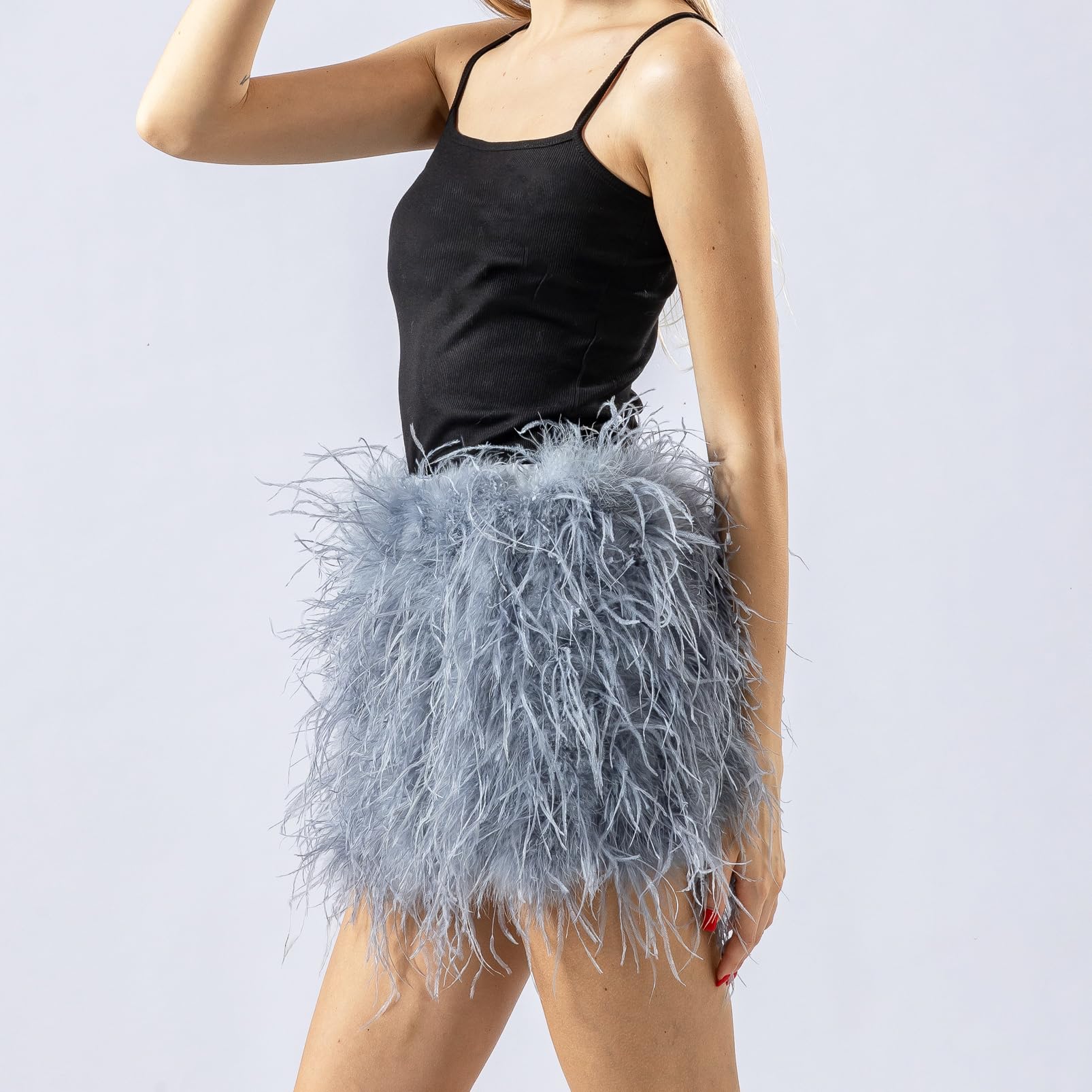 LVCOMEFF Minifalda de plumas de avestruz para mujer, cintura elástica, peluda, para fiesta, club, lujo