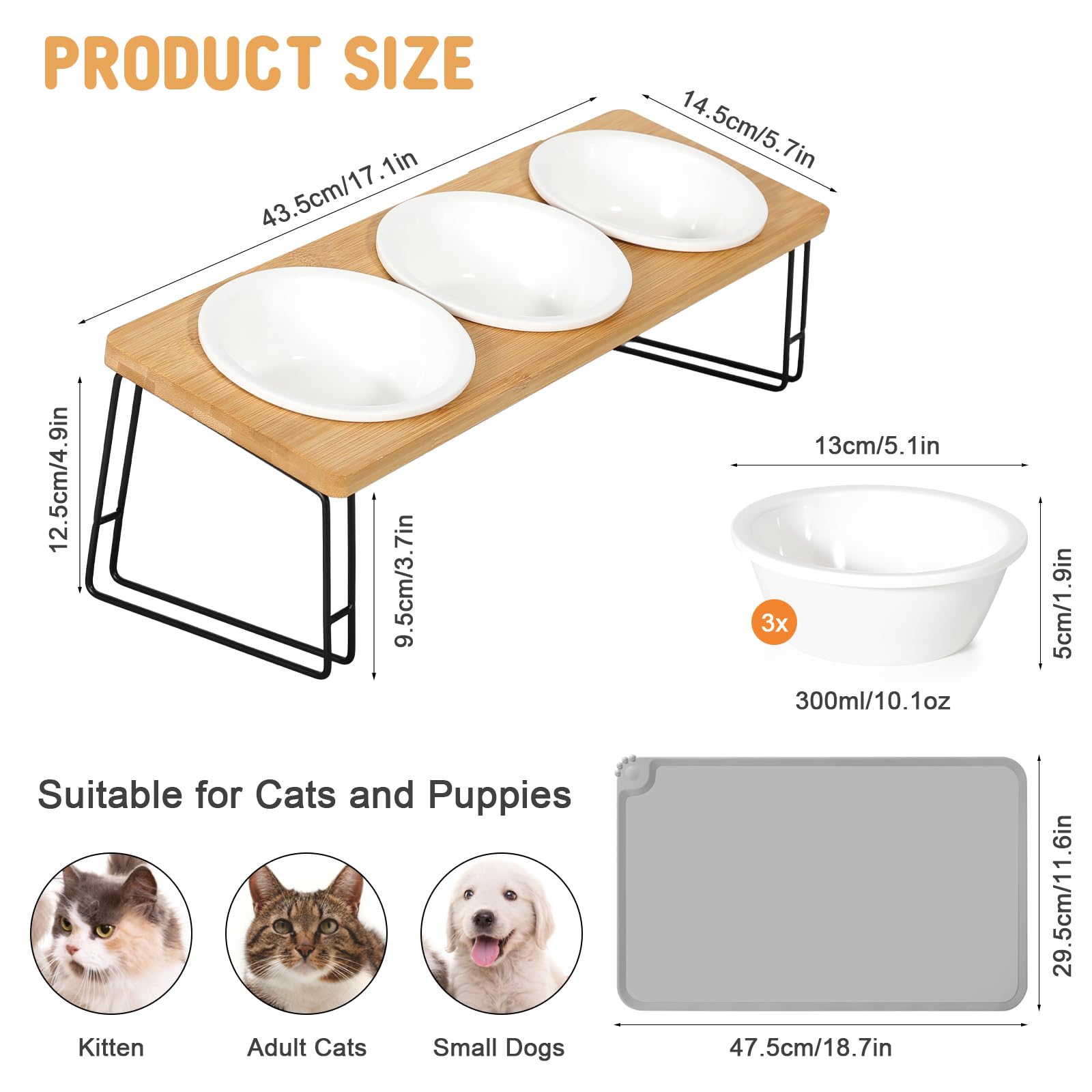 Gamelle Chat Surélevée, 3 Bols Chat Ceramique de Nourriture pour Chats et Petits Chiens avec Support 15° Incliné mit Tapis