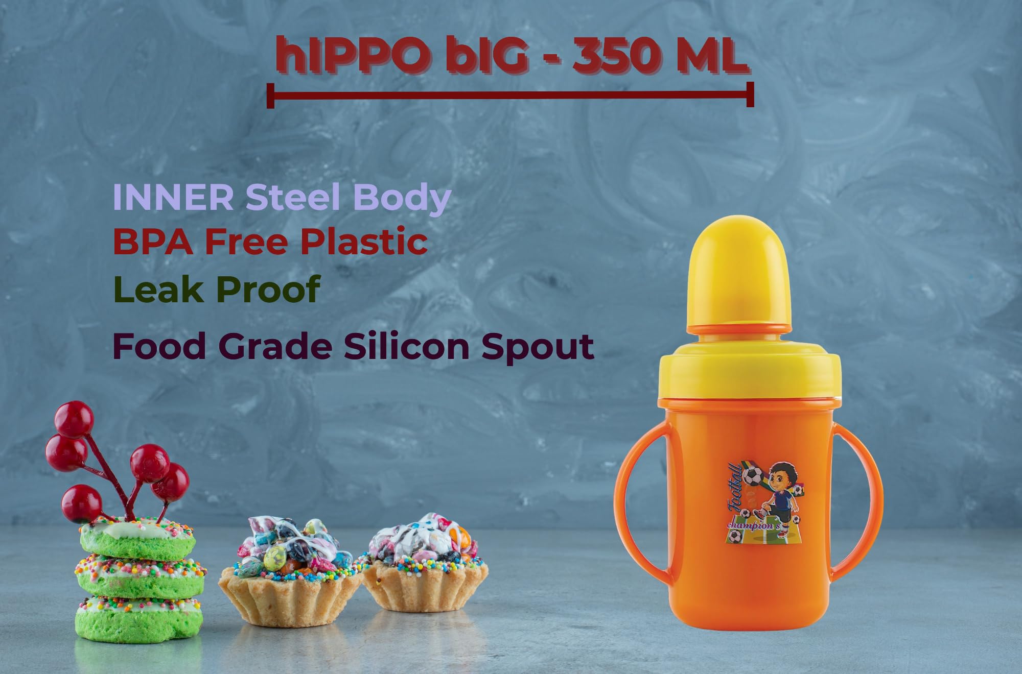 Zerya Hippo Baby Sipper Milk Bottle for Infant Toddler 250 ml, Anti-Spill Sippy Cup with Soft Silicone Nipple BPA Free, with Steel Inner (Orange) 1