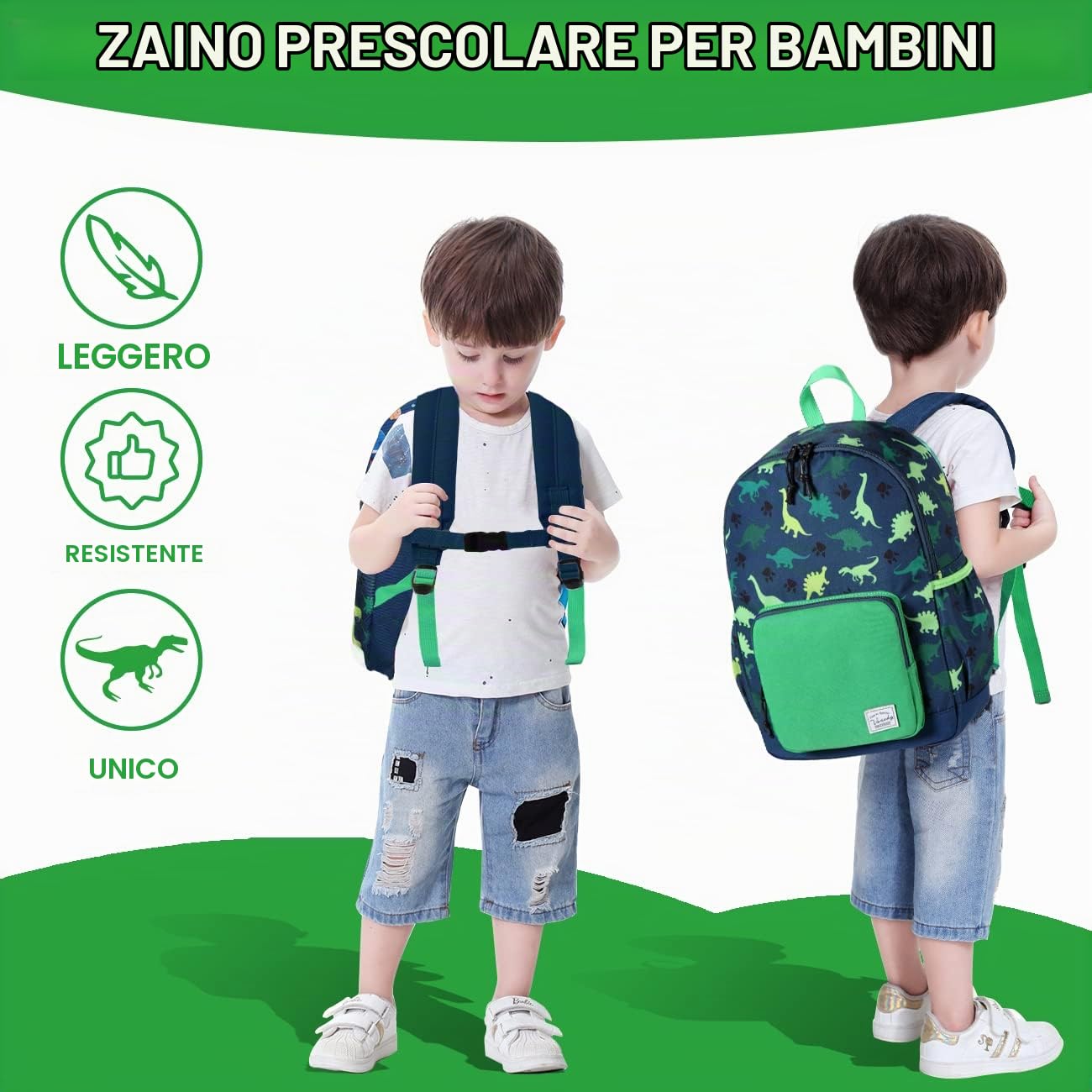 VASCHY Zaino Elementare Bambino Dinosauro 12L, Zainetto Grande Impermeabile con Pettorina Regolabile per Scuola Primaria 5-8 Anni