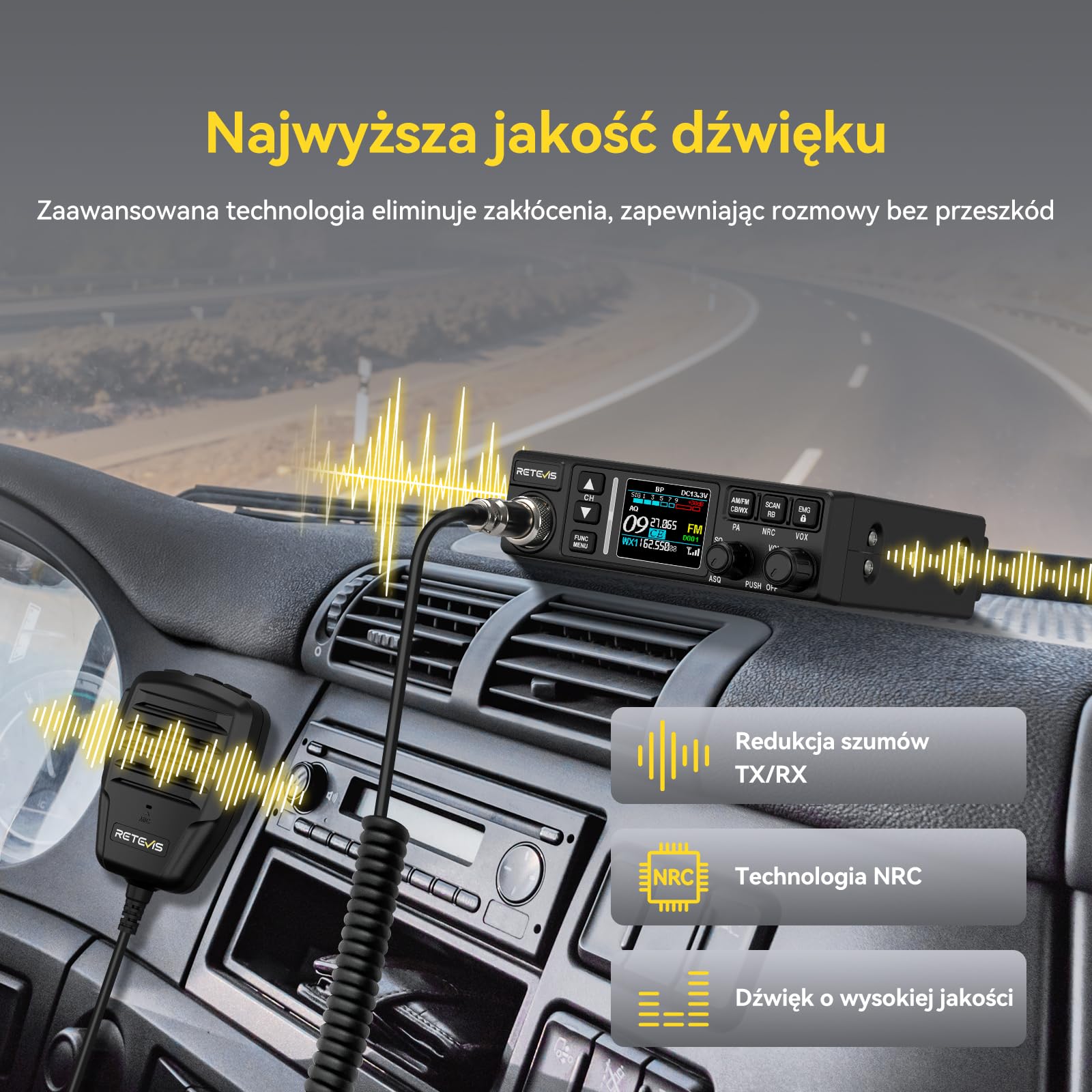 Retevis MB63B Radio CB z anteną, AM/FM, Kolorowy Wyświetlacz Lcd, Redukcja Szumów Nrc, Ctcss/Dcs, Vox, 40 Kanałów, Emg 9/19 Kanałów, Radio Cb Dla Zespołów Terenowych (1 Sztuka, Czarne)