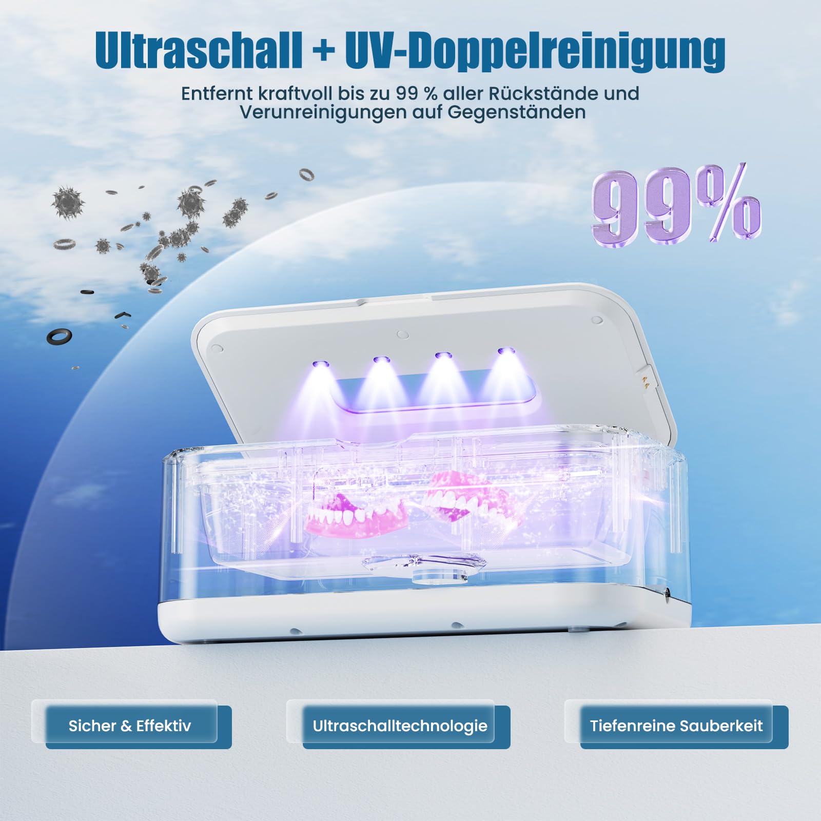 Ultraschallreinigungsgerät Brille, 49000Hz U-V Brillenreinigungsgerät | mit 5 Zeitfunktione, Digitalanzeige, 800ml Ultrasonic Cleaner, für Zahnersatz Brillen Schmuck Uhren Münzen