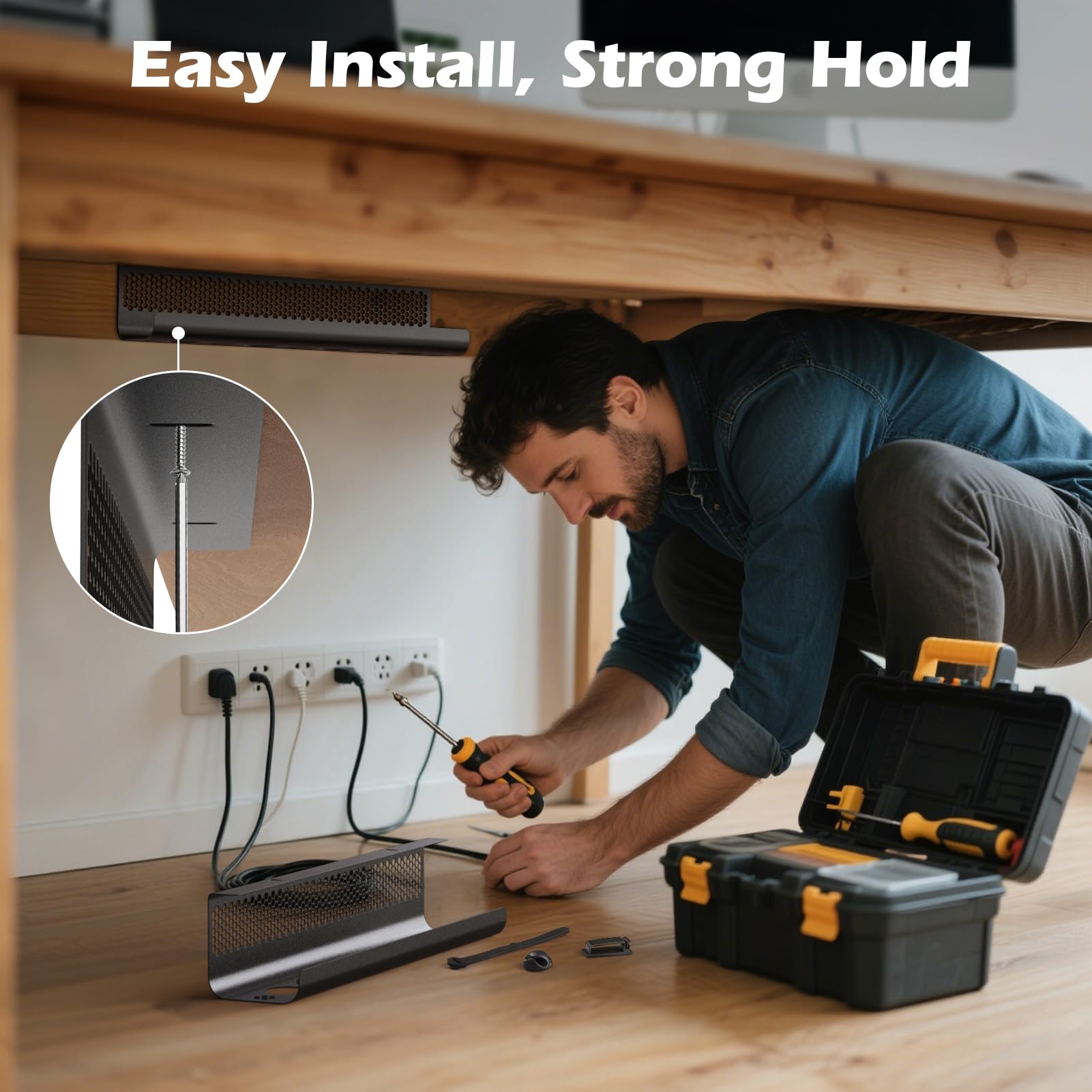 KHAMAL Organizador de cables debajo del escritorio, 26 piezas, kit de bandeja de gestión de cables, diseño hexagonal ventilado con clips de cables, bridas de alambre, soporte de cables y tornillos