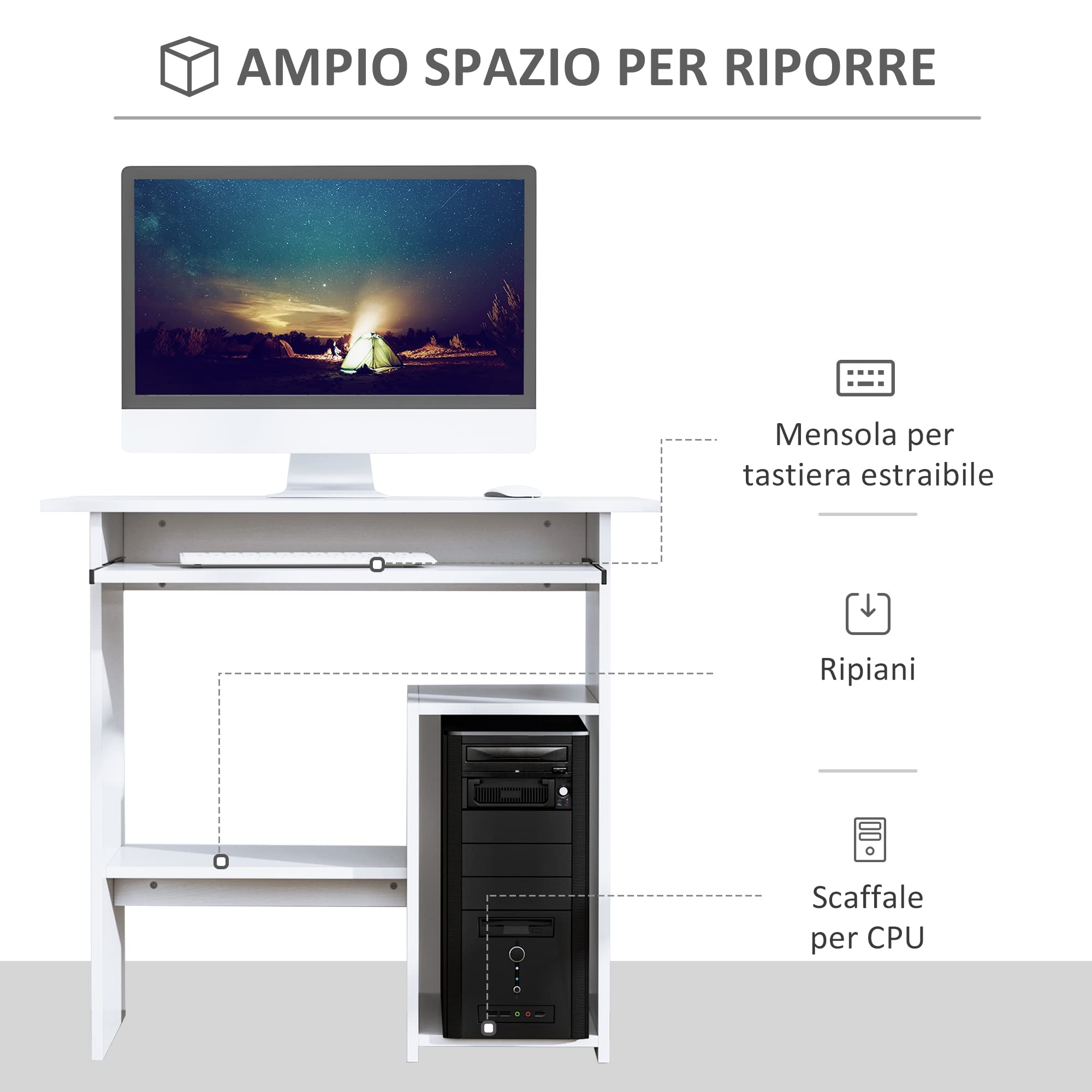 HOMCOM Scrivania Salvaspazio da Casa e Ufficio Porta PC 80x45x75cm Bianco | Scrivania per Computer Moderna, Porta PC, Ripiano per CPU, Mensola per Tastiera Estraibile in Legno