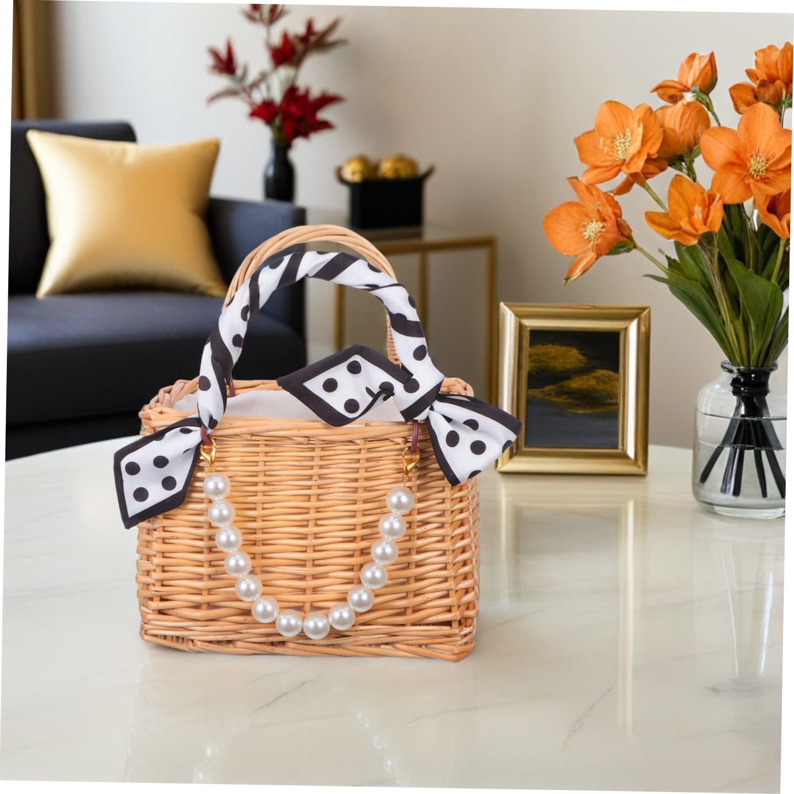 Cabilock Handgefertigter Rattan-blumenkorb mit Perlenhenkel Geflochtene Blumentasche Vielseitiger Korb für Hochzeit Garten Picknick und Strand Dekorativ und Praktisch