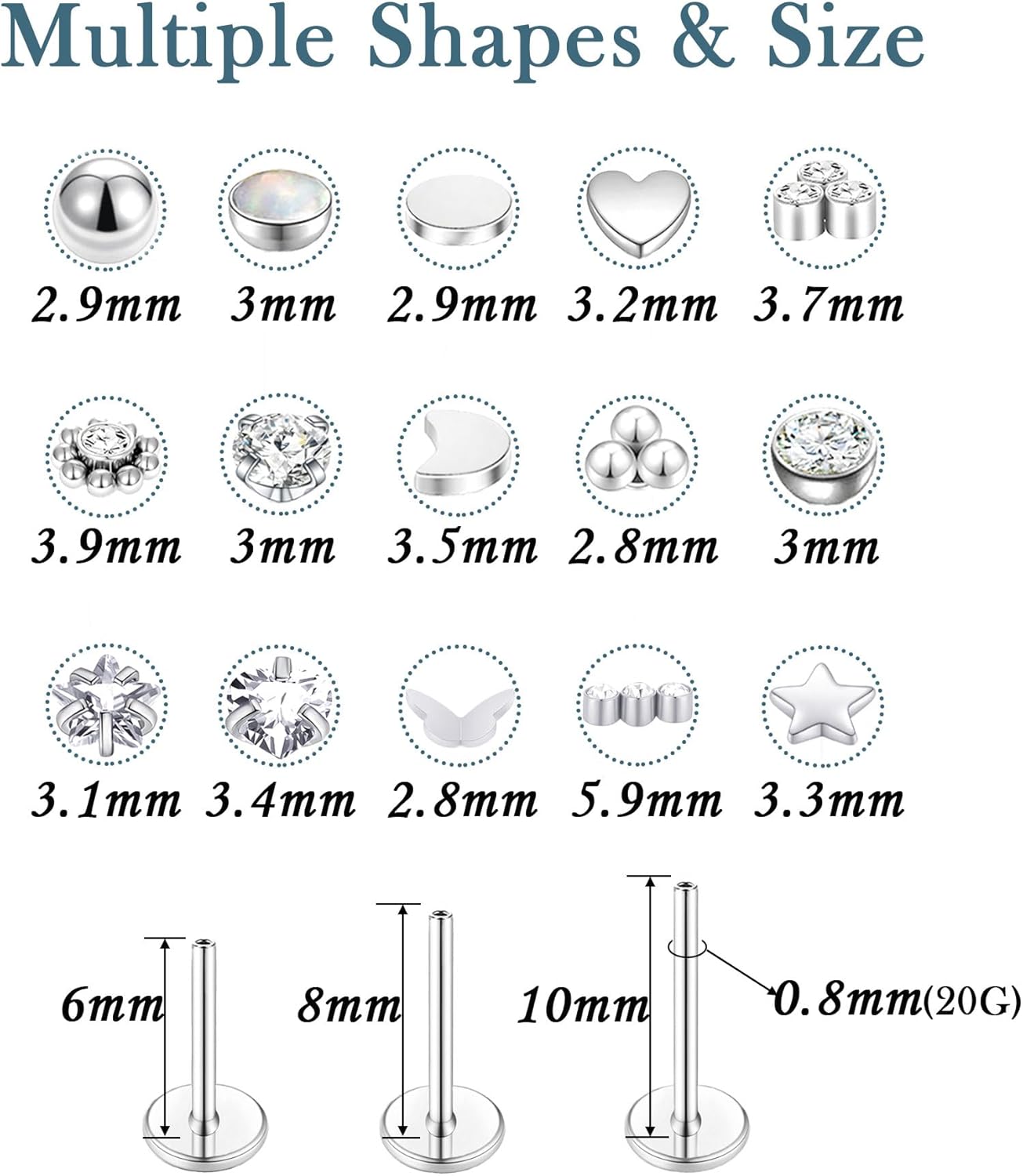 Threadless Push in Nose Studs Rings Stainless Steel Flat Back Earrings Labret Monroe Lip Rings for Women Men Cartilage Helix Conch Tragus Piercing Jewelry 6mm 8mm 10mm Silver Gold Tone - Image 2