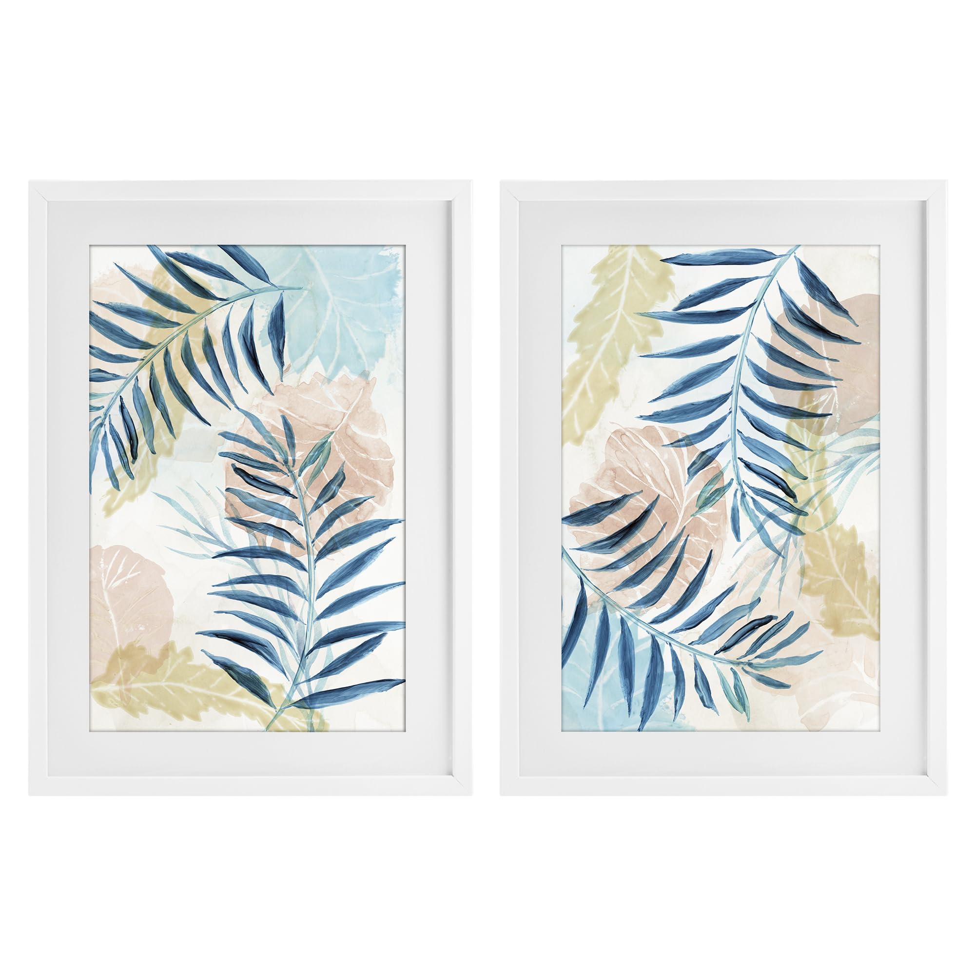 Pastel Blue Palm Fronds, 14 x 20 Inch Framed Print Under Glass Set