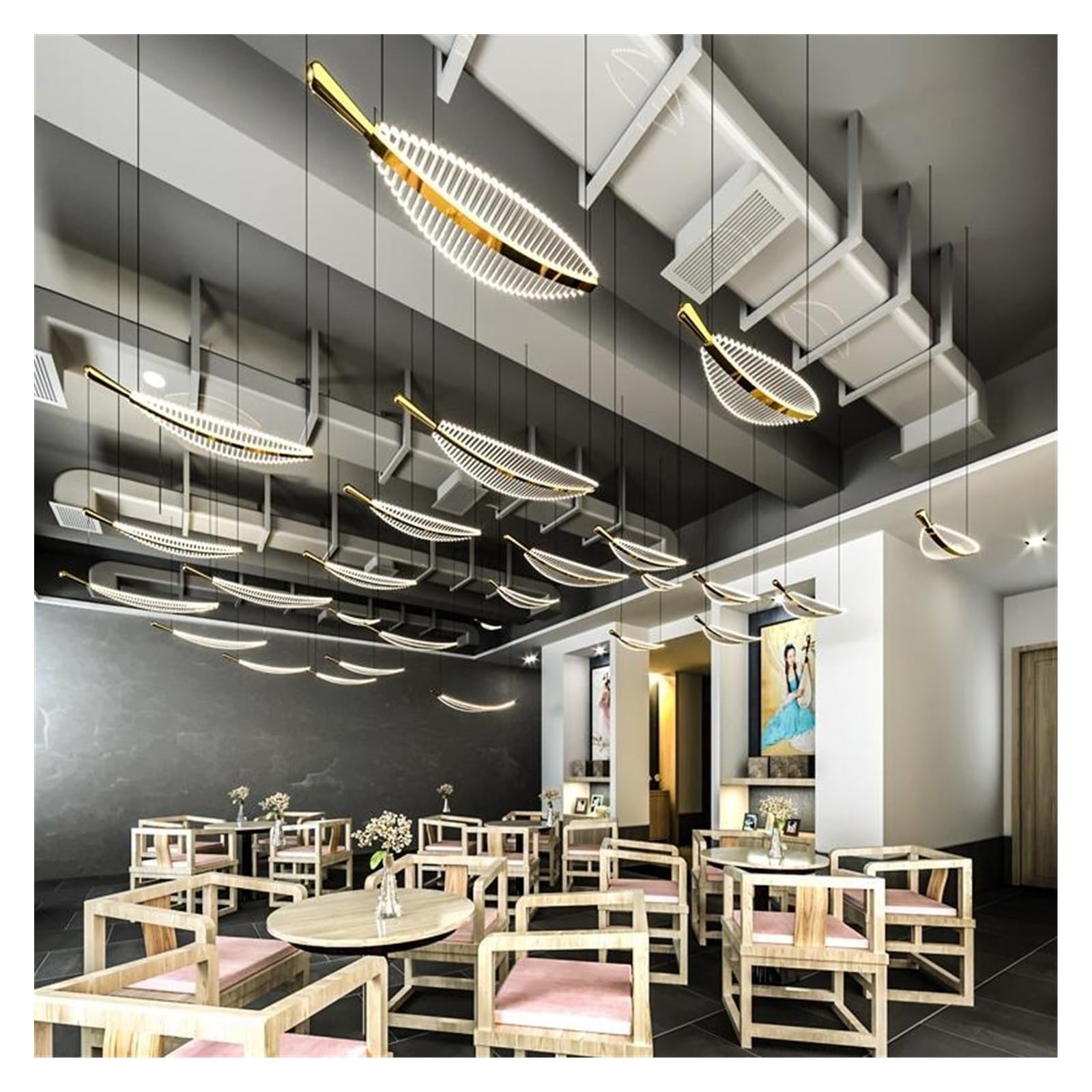 Lámpara de araña LED de Lujo con diseño de Hojas de Cristal y Plumas, iluminación Creativa para escaleras giratorias, Sala de Estar y Comedor (luz cálida, 80 cm de Largo).