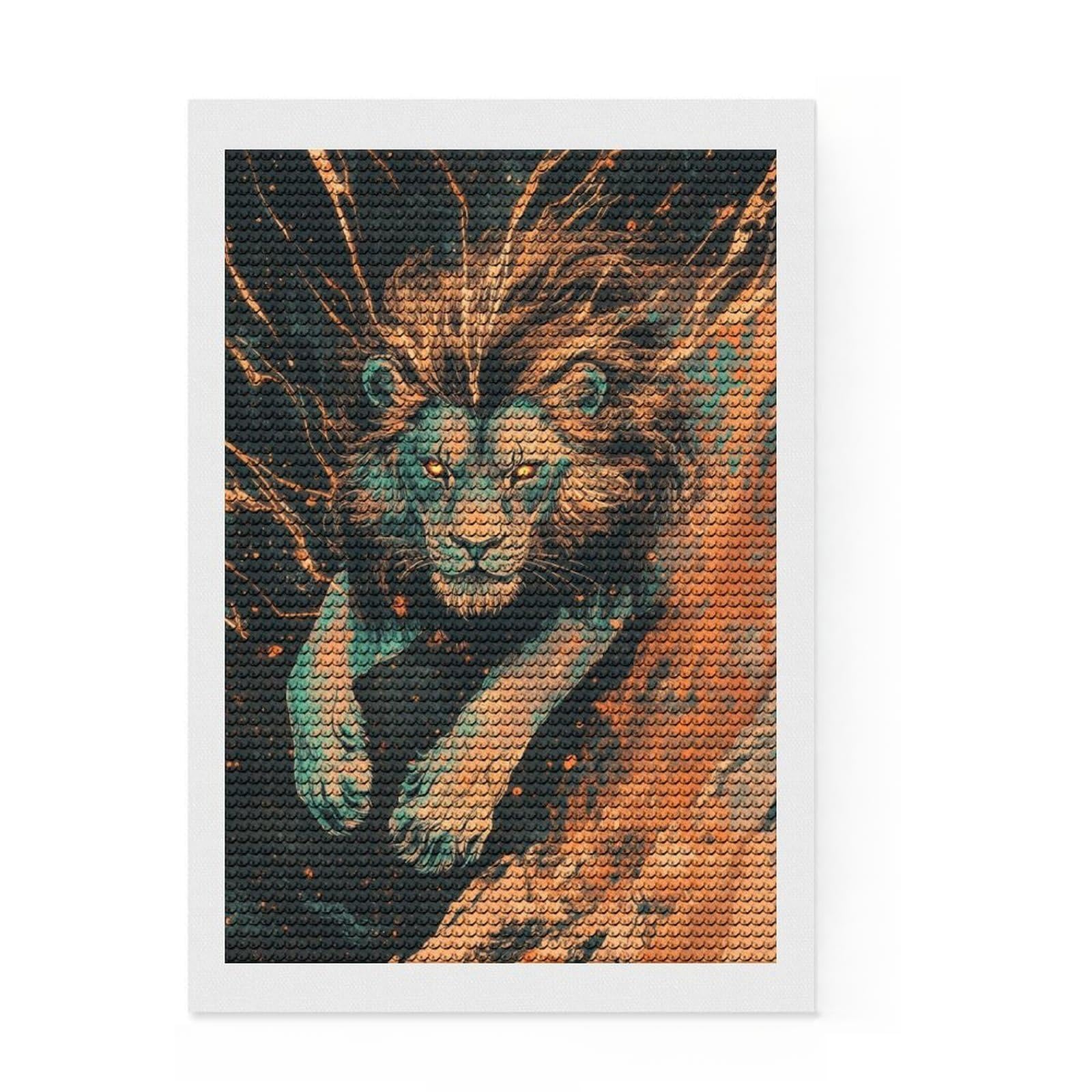 Junmoney Lion in Space Full Drill Diamond Painting Kit 8"x12", Complete Accessories, Neat Printed Canvas, Creative Leisure Activity