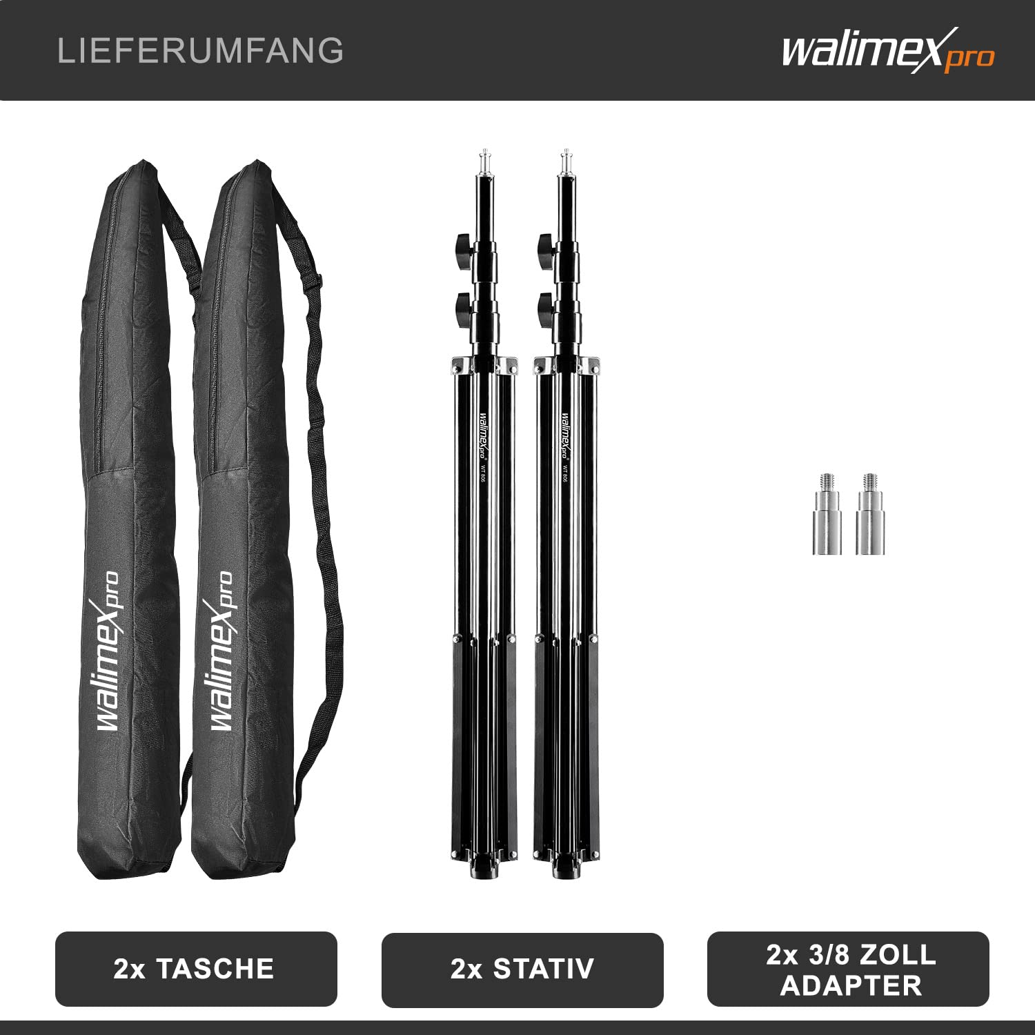 walimex Pro 2X treppiede per lampada WT-806 con ammortizzatore a molla I max. 256 cm I Treppiede per illuminazione stabile in grado di supportare fino a 6 kg