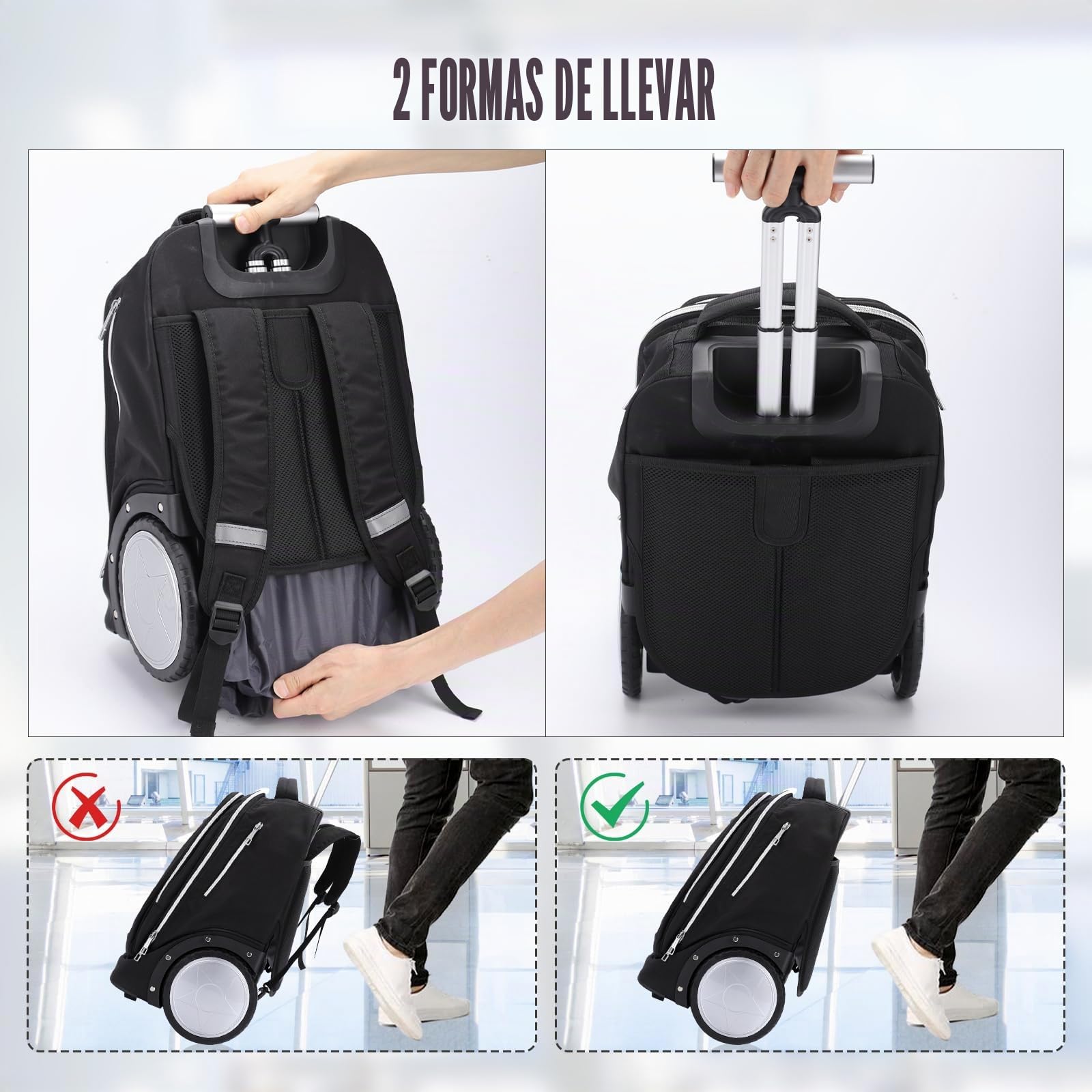 Hivexagon Mochila con Ruedas, Mochila rodante con Ruedas de 7 Pulgadas – Mango telescópico Reforzado, Compartimento para Laptop, Ideal para Negocios y Viajes – Negra