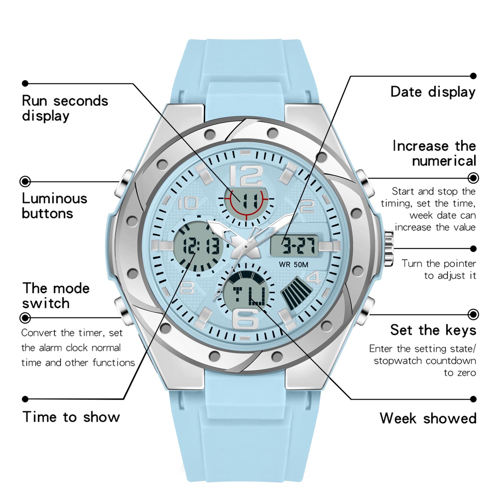 findtime Orologi da donna bianchi per adolescenti studenti con sveglia/cronometro/retroilluminazione a LED, resistente agli urti/data, digitale, analogico, per ragazzi e ragazze
