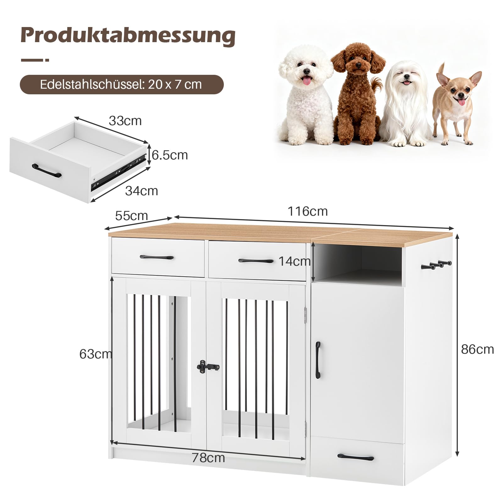 TUKAILAI Hundekäfig Möbel mit Schublade, Futterstation mit Rädern, Robuste Hundebox für kleine, mittelgroße und große, Zuhause Indoor, 116 x 55 x 86 cm