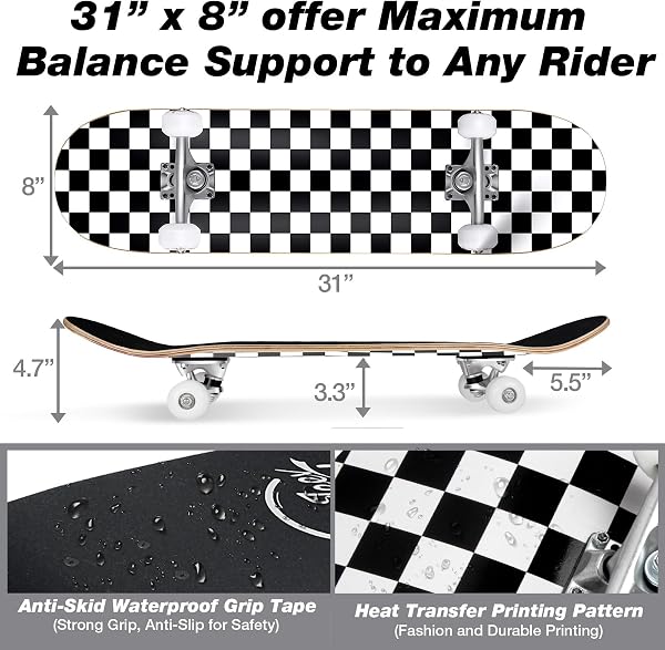 BELEEV Skateboard 31x8 pour Débutants, Enfants, Adolescents et Adulte, Complet Pro Cruiser Skateboard pour Fille Garcon, Érable Canadien 7 Couches, Double Plateau Concave avec Outil en T - 4