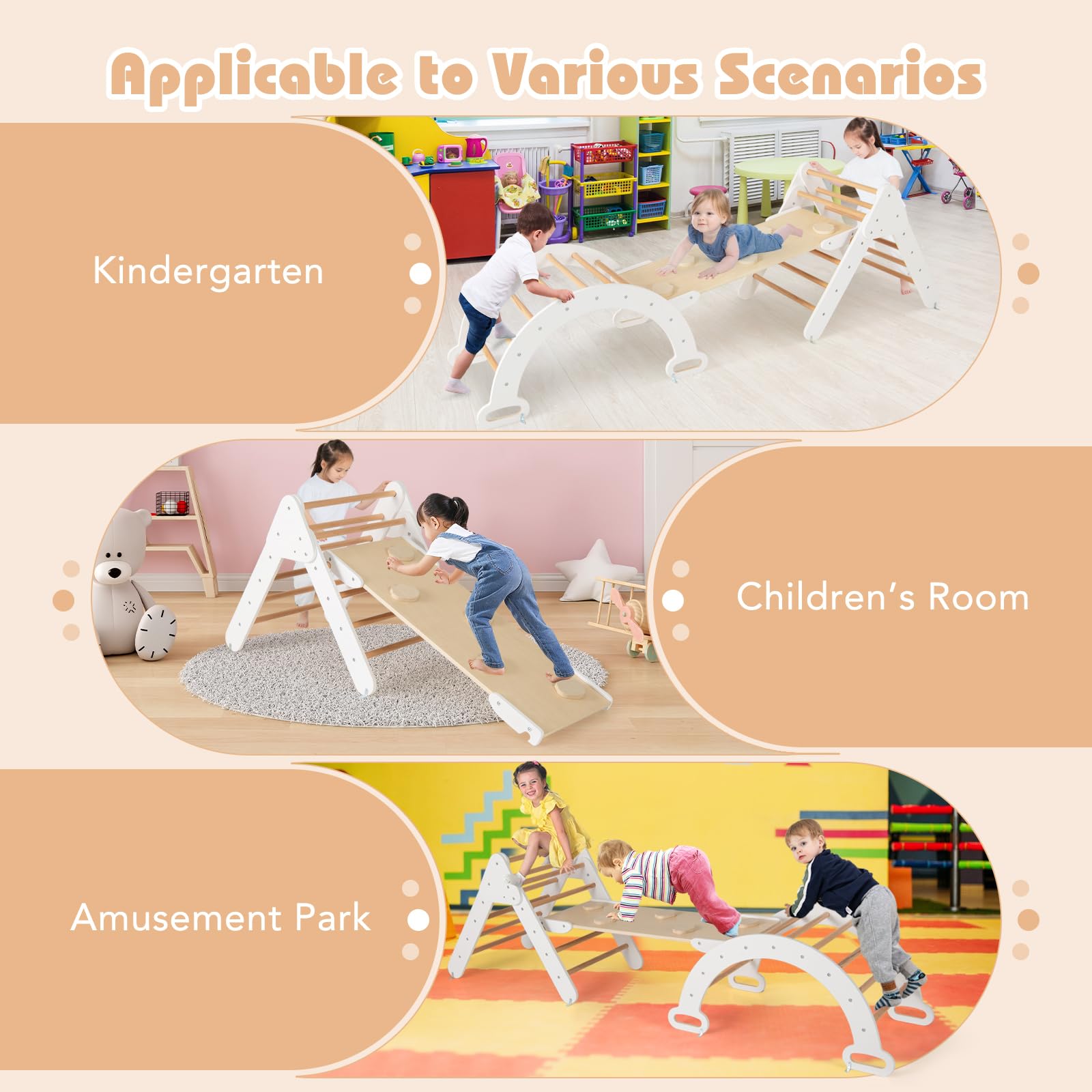 FANTASK 4 in 1 Klettergerüst mit rutsche, Kletterdreieck Holz inkl. doppelseitige Rampe & Kletterboge & Wippen, Sprossendreieck Spielplatz für Kinder ab 1 Jahr, Weiß