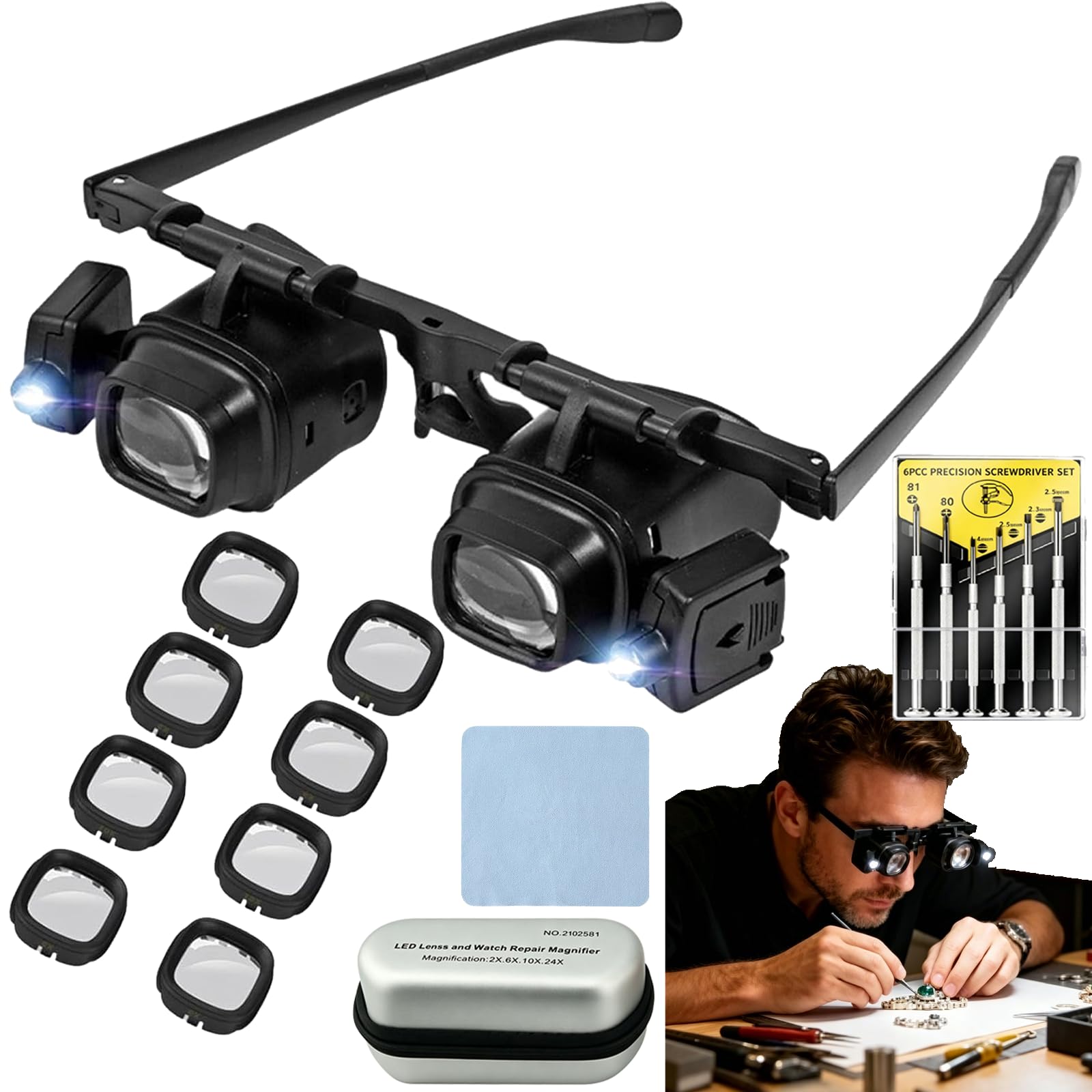 Precision LED Magnifier Glasses, Magnifying Glasses for Electronics & Crafts, 2X to 24X Interchangeable Lenses, Precision Magnifier with LED Light for Close Work (4 lenses+screwdriver)