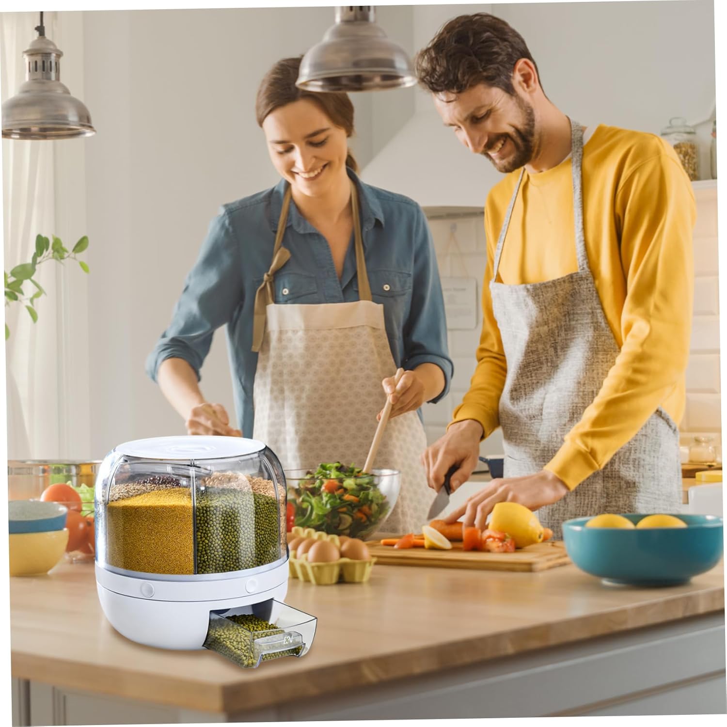 Rice Dispenser Large Capacity Grain Storage Container 6 Grids 360° Rotatable Cereal Dispenser with Lid for Beans Cereal White...