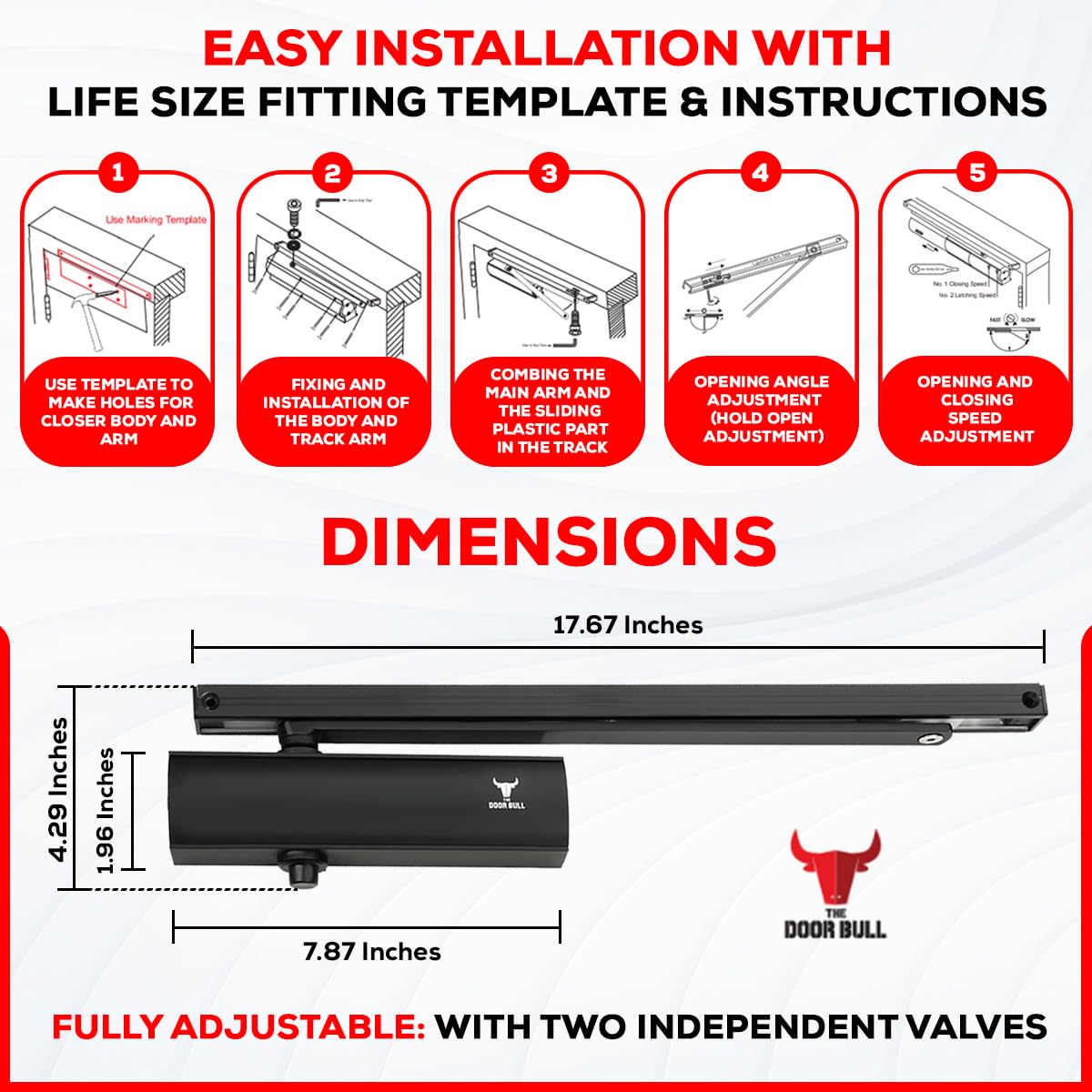 PALMAT Hydraulic Door Closer With Slide Track - Adjustable For Heavy Doors 25-85kg, Black-292251