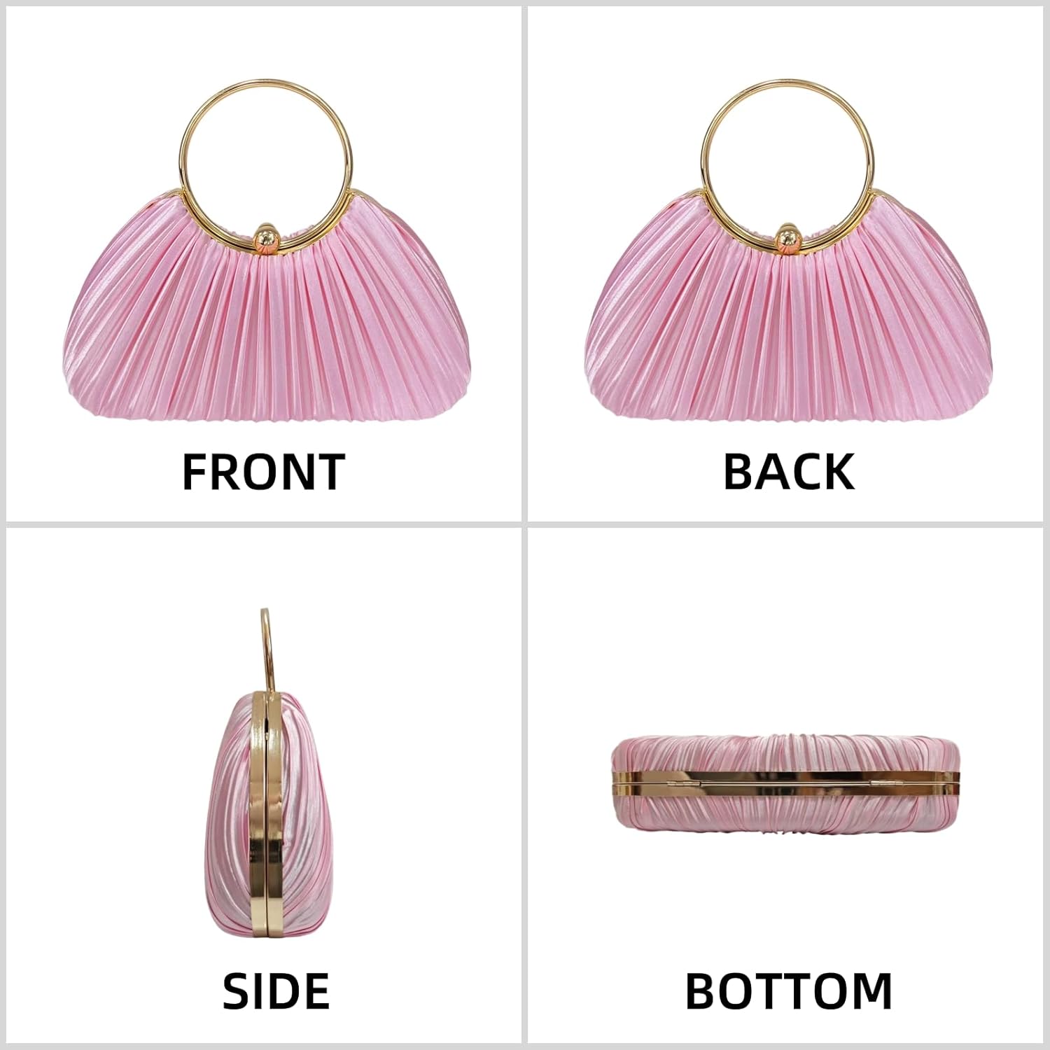 Pleated Evening Clutch Purse, Convertible Crossbody Bag with Crystal Ring Clasp, Glitter Metallic with Chain Strap