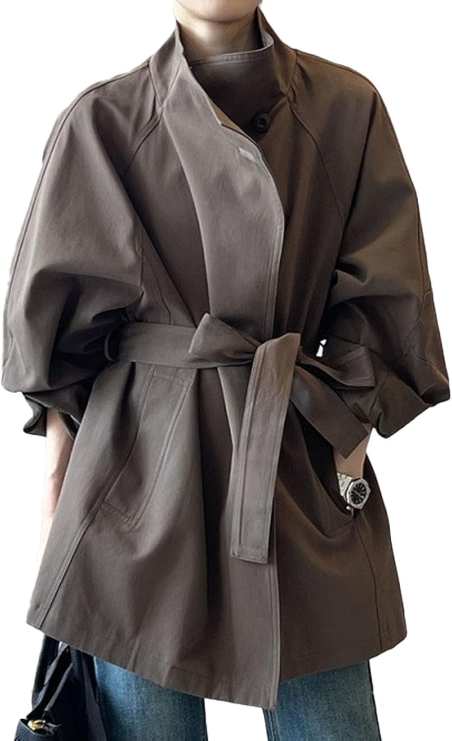 SOMTHRON Women's Open Front Trench Coat Stand Collar Loose Jacket Belted Windproof Fall Overcoat Outerwear