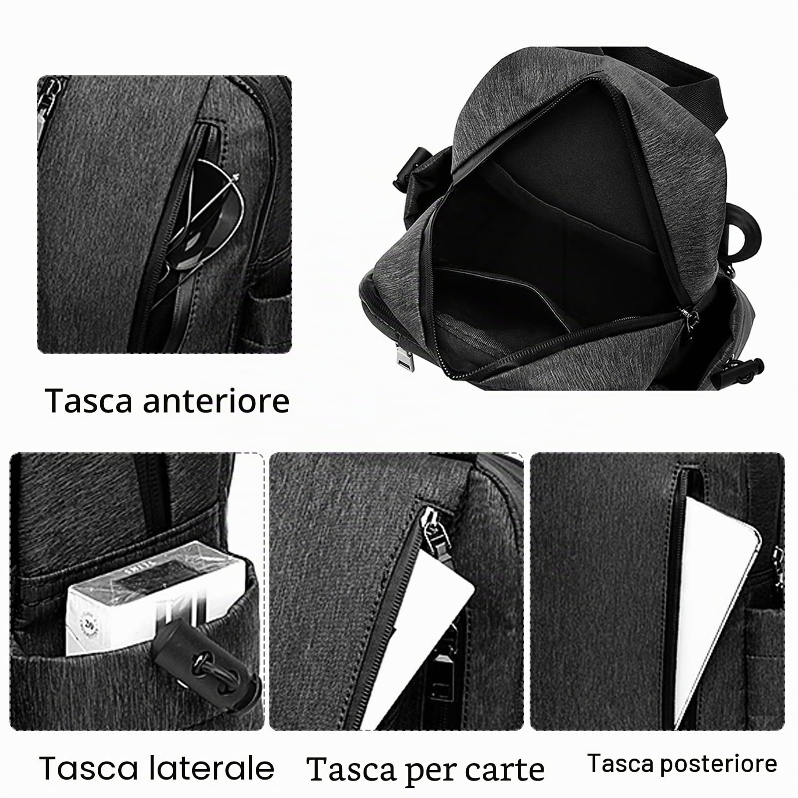 FANDARE Retrò Zaino Monospalla Marsupio Borse piccole a tracolla Sling Bag Business Borsa a Spalla per Uomo Donna Scuola Outdoor Ciclismo Viaggio Hiking Daypacks Impermeabile Nylon Nero
