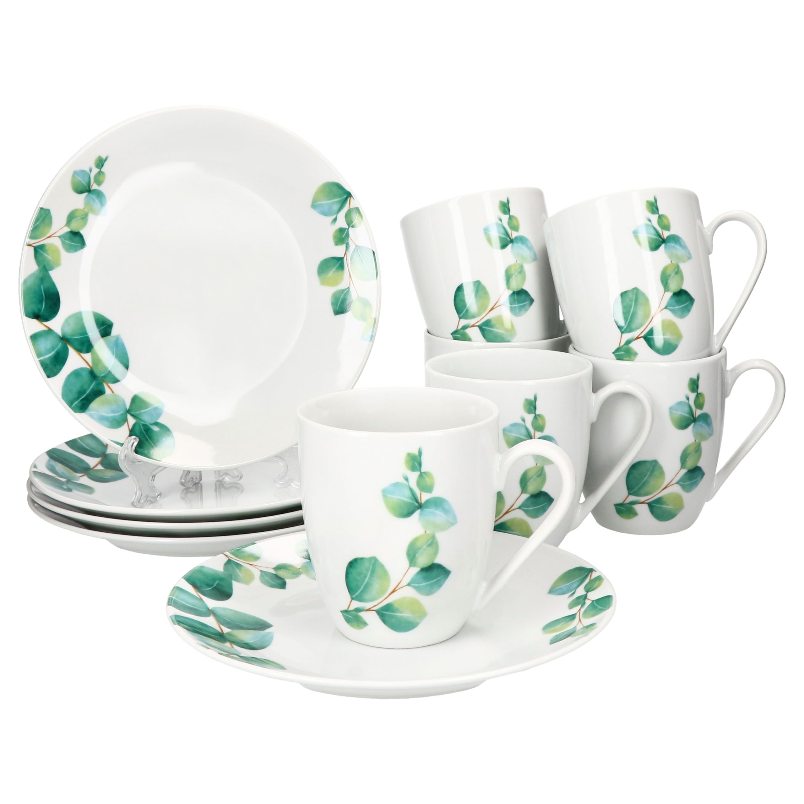 MamboCat Eukalyptus 12tlg Frühstücksset I Je 6x kleine Teller & Kaffeebecher 340ml für 6 Personen grünem Pflanzen-Dekor I Porzellan-Geschirr für Frühstücks- & Kaffeezeit
