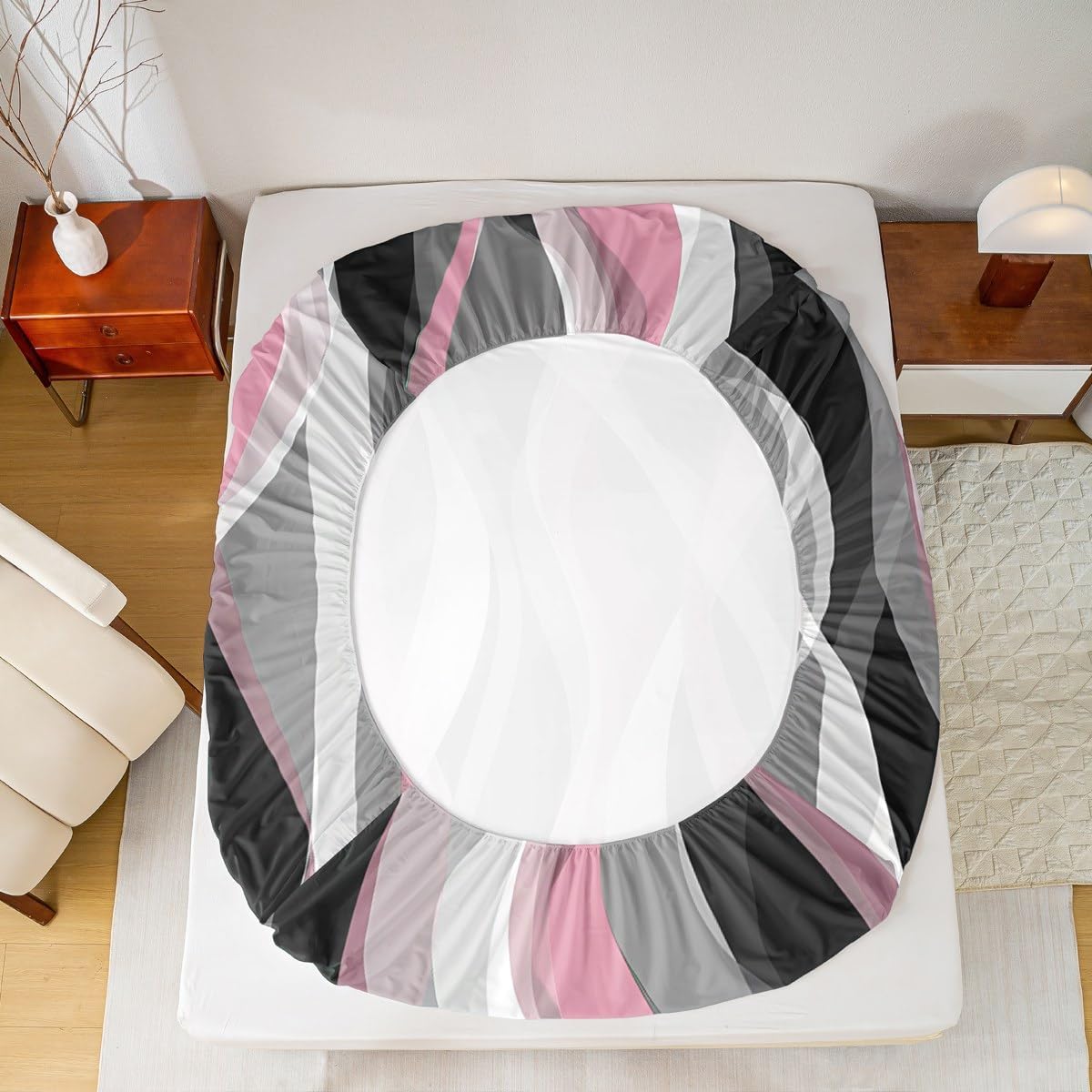 Feelyou Pink Grey Black Stripes Sheet Set King Size Kids Geometric Sheets with Deep Pocket Fitted Sheet for Boys Teens Geometric Bed Sheets Set Breathable Modern Striped Art Abstract Art Room Decor