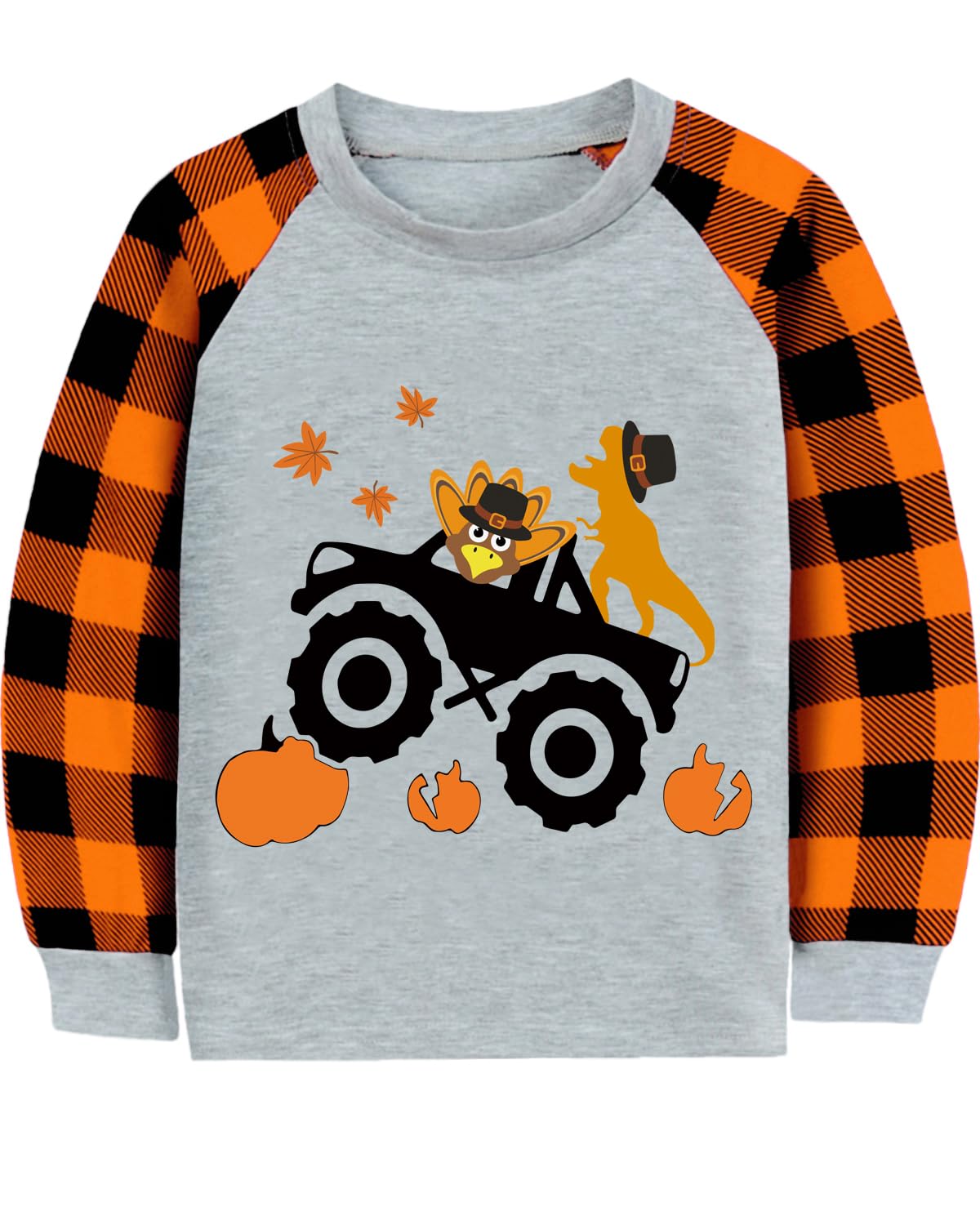 Thanksgiving Monster Truck Dino Turkey Tshirt for Toddler Boy Girl Cotton Shirt Tops Kids Raglan Orange Buffalo Plaid Long Sleeve Clothes Orange 5T