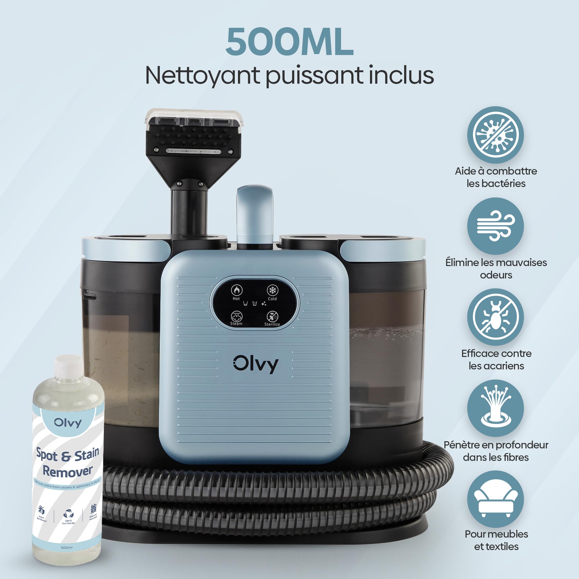 Olvy Nettoyeur de Tapis PRO – Aspirateur Injecteur-Extracteur avec Fonction Vapeur – Nettoyeur à Vapeur 100°C – Appareil Nettoyeur de Canapé – Nettoyeur de Tapis Humide – avec Détergent – 1650W – Nett