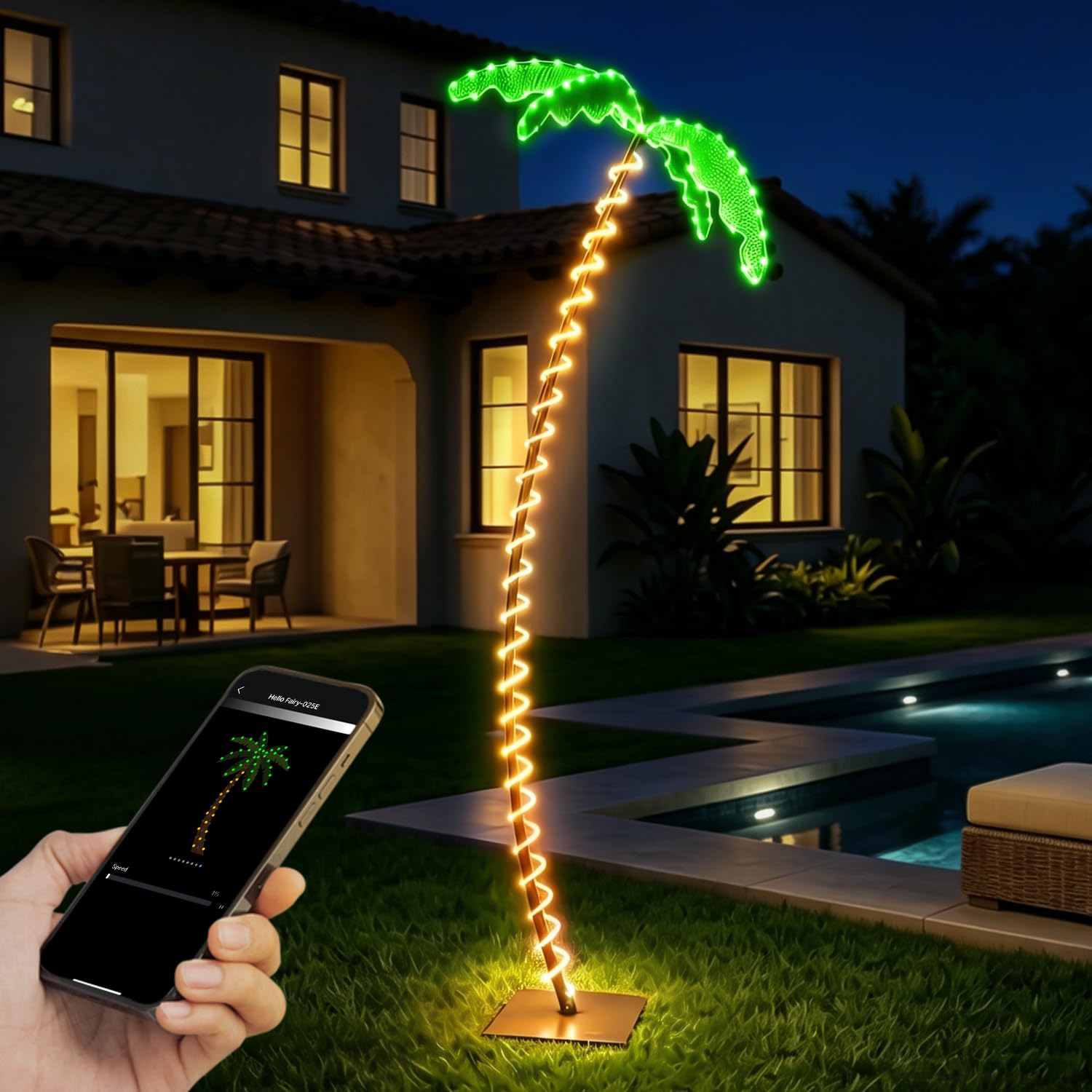 Palma artificiale illuminata per patio esterno, app e telecomando, con tronco in metallo e corda LED, per patio, piscina, cortile, decorazione per feste, timer, sincronizzazione musica