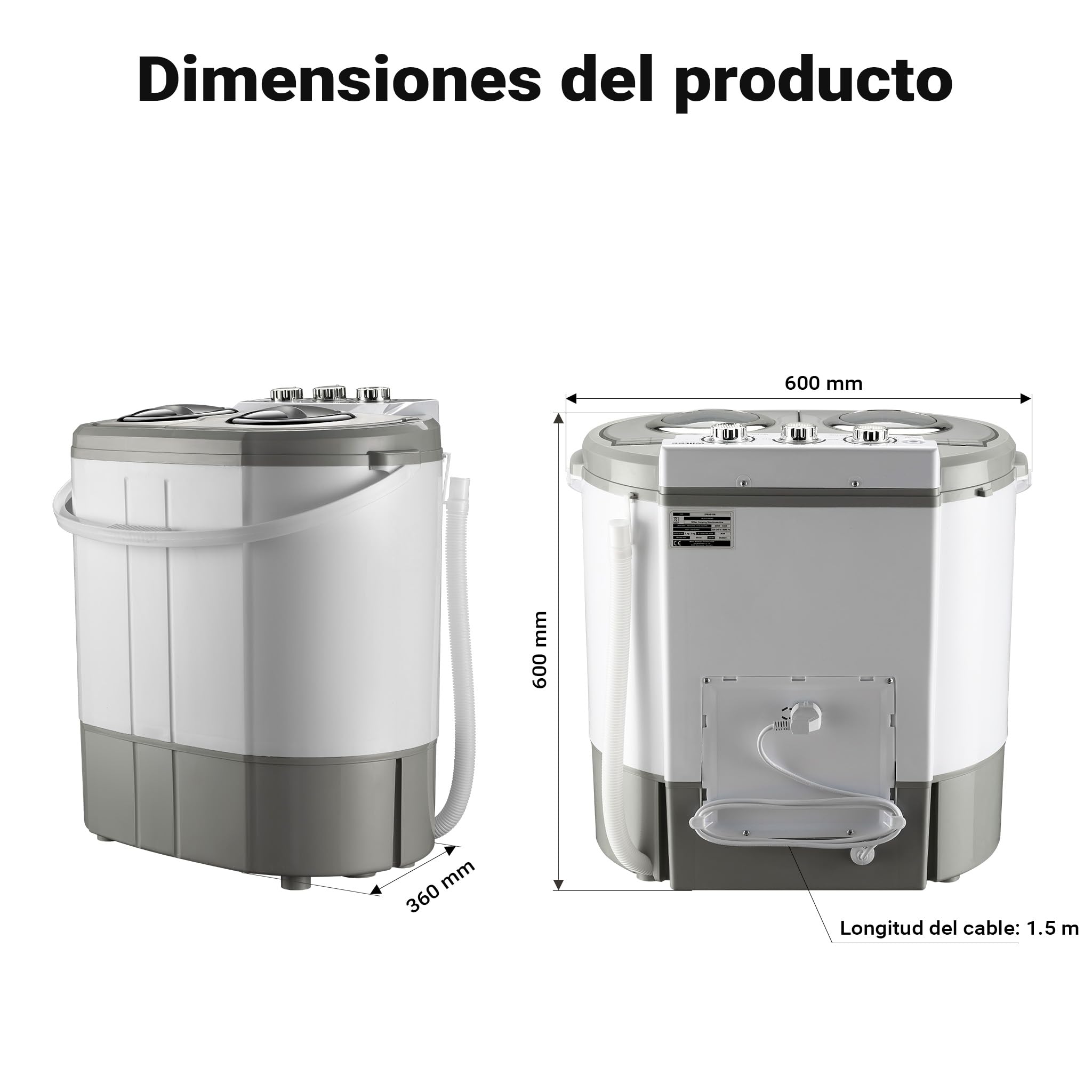 Wiltec Lavadora de camping portátil de doble tina 230 W 3 kg lavado y 2 kg centrifugado con temporizador mini lavadora compacta para camping, pisos pequeños, cubeta doble para lavado y centrifugado